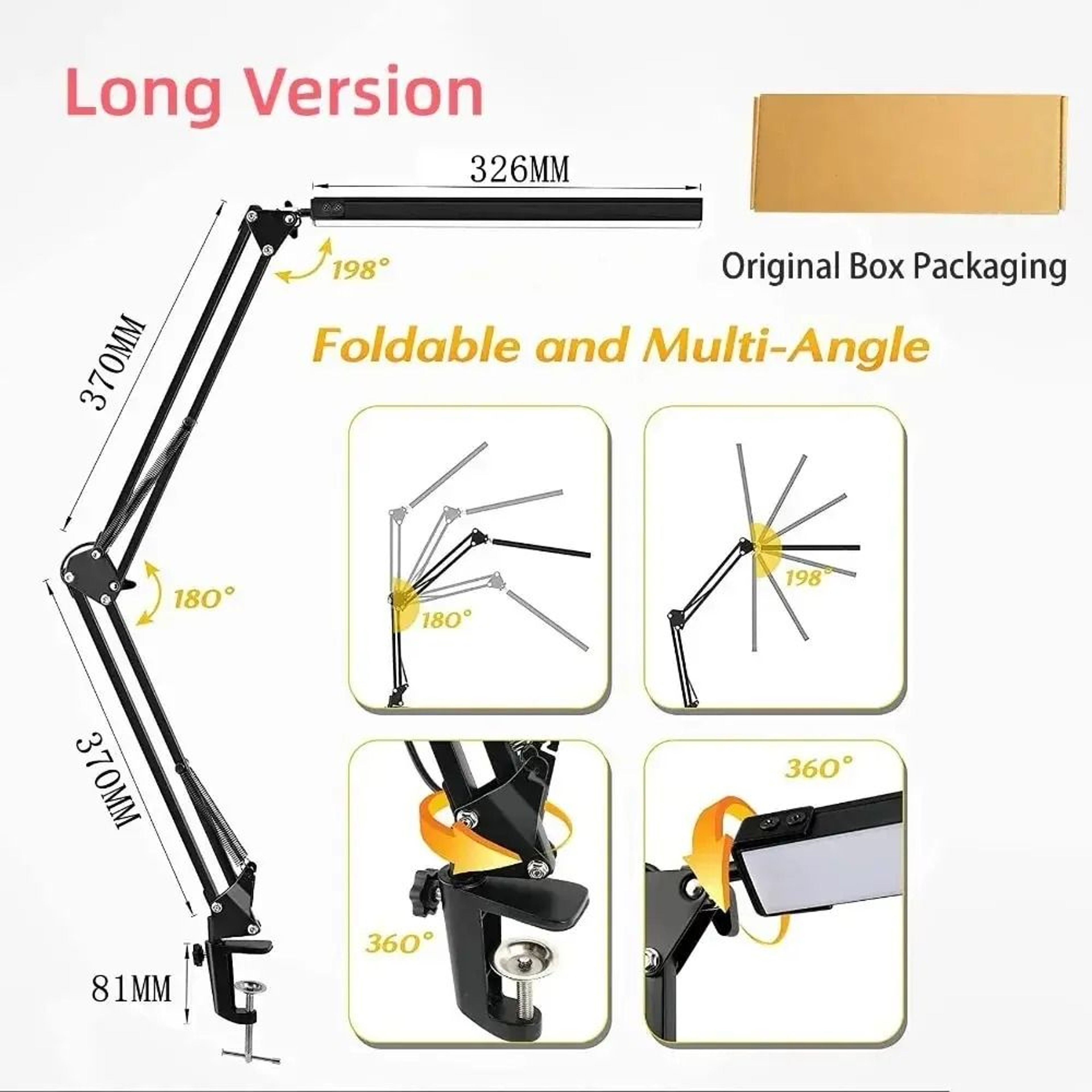 LED Folding Metal Desk Lamp Clip On Light Clamp Long Arm Dimming Table Lamp 8