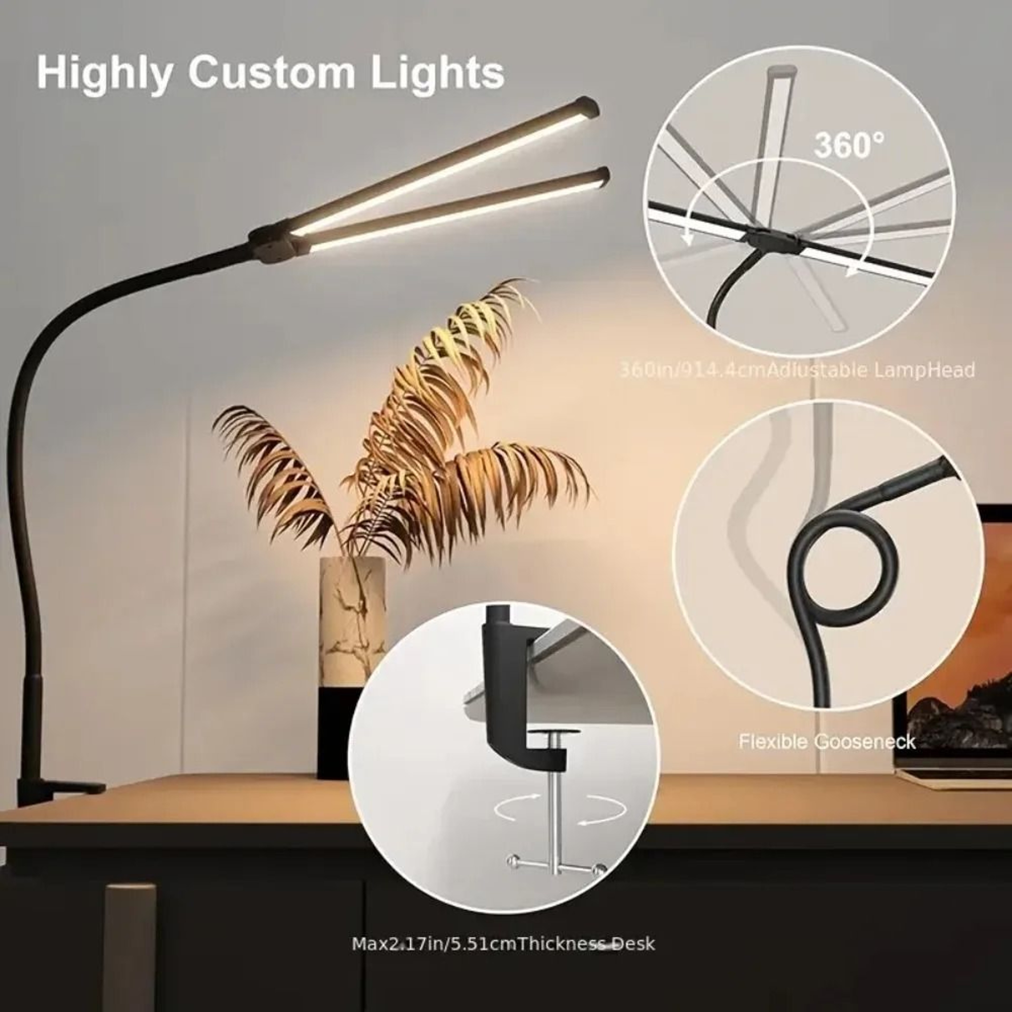 Double Head Desk Lamp Clip On LED 3 Modes Brightness Adjustable USB Adapter 3