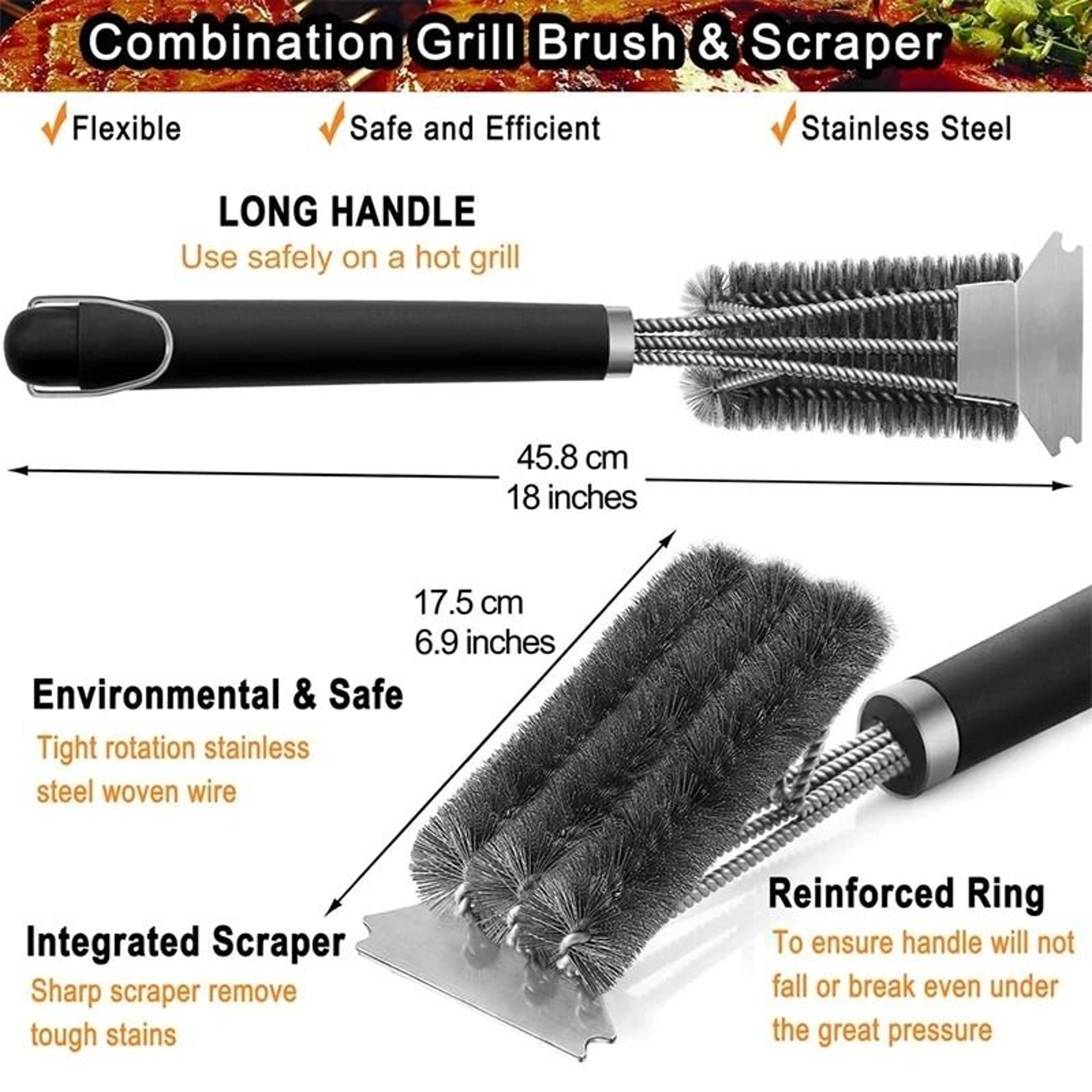 Safe Grill Brush And Scraper With Deluxe Handle Stainless Steel Bristles 5