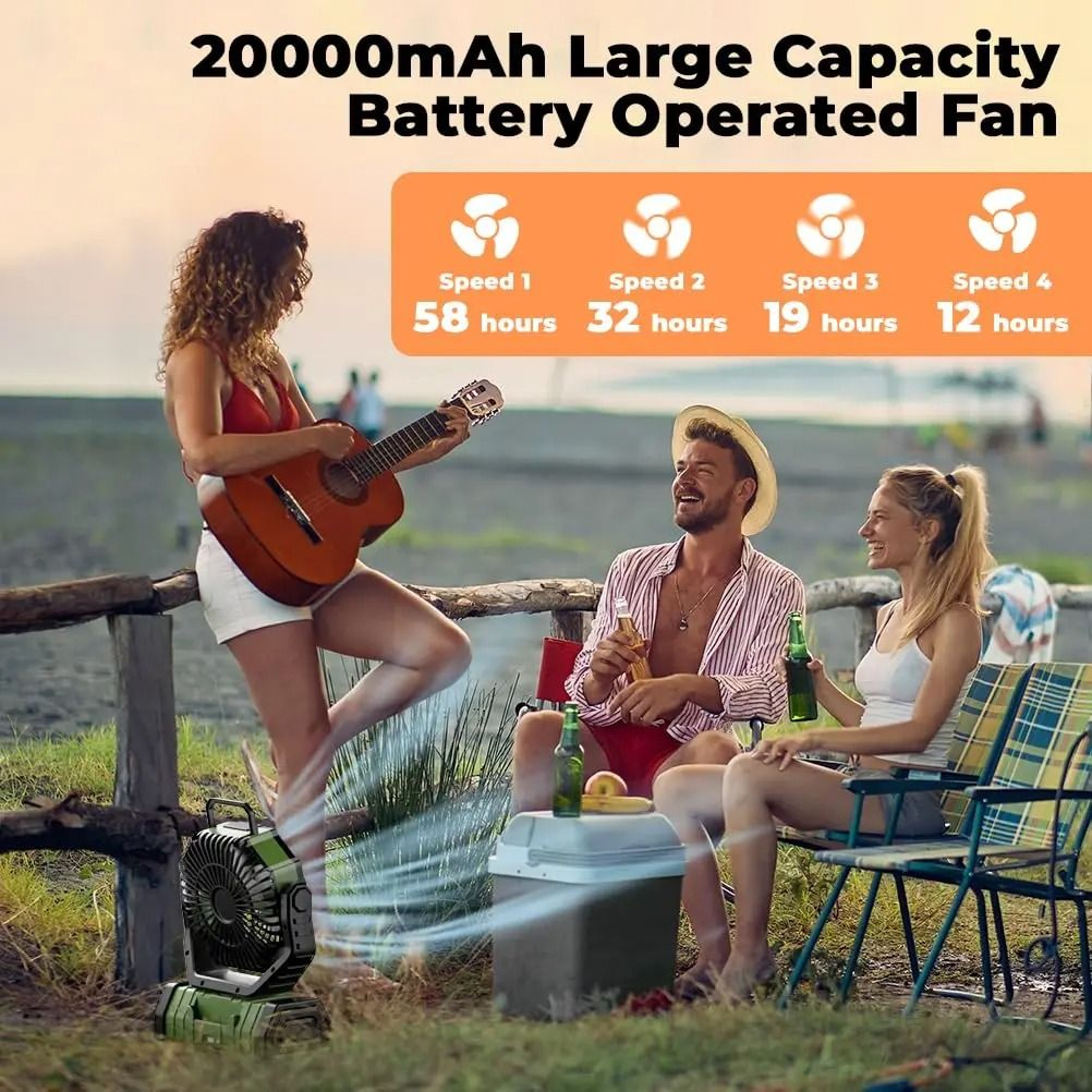 Camping Fan 20000mAh Rechargeable Fan With LED Light And Hanging Hook 4 Speeds 5