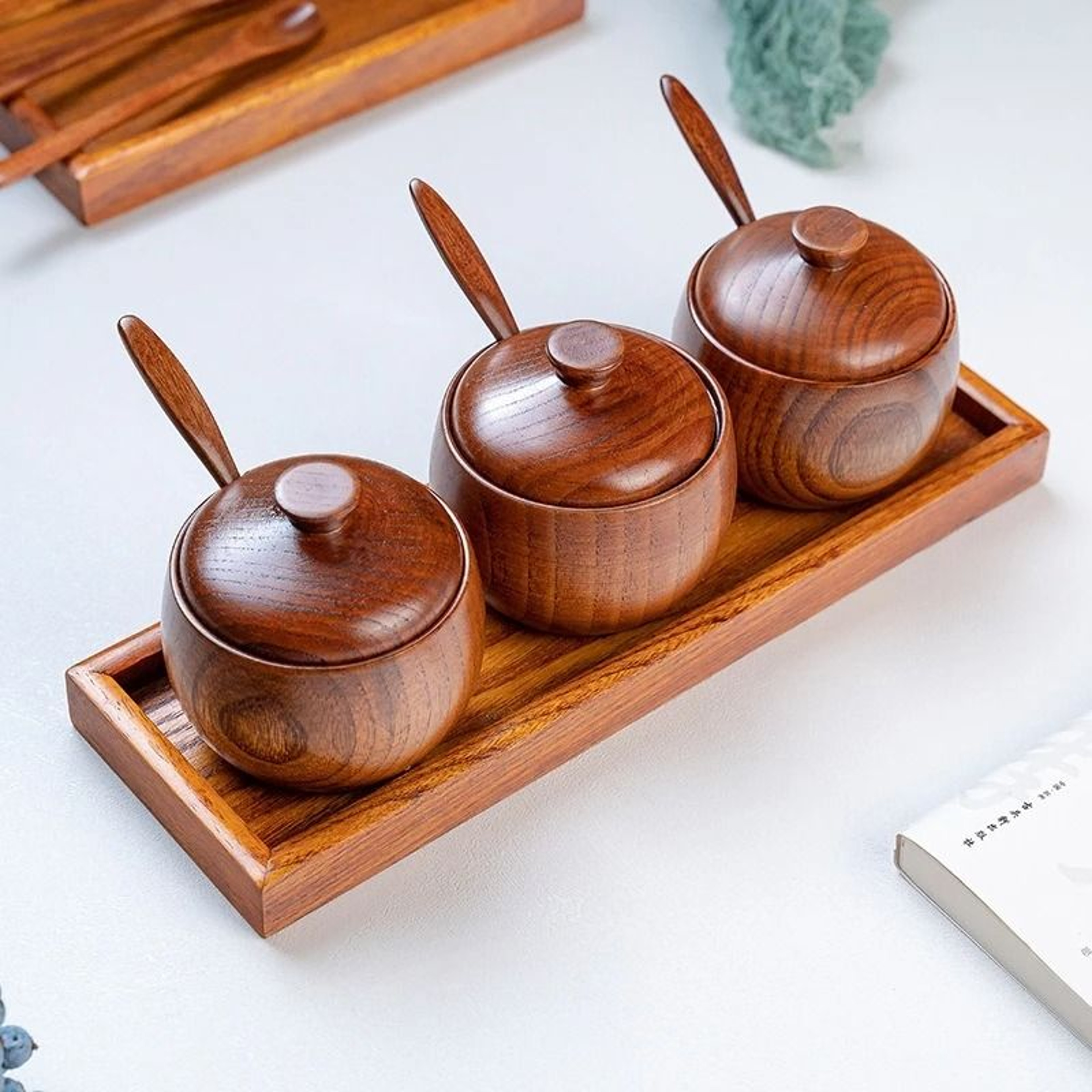 Wooden Seasoning Jar Vintage Kitchen Salt Sugar Spice Container With Lid Spoon And Tray 1