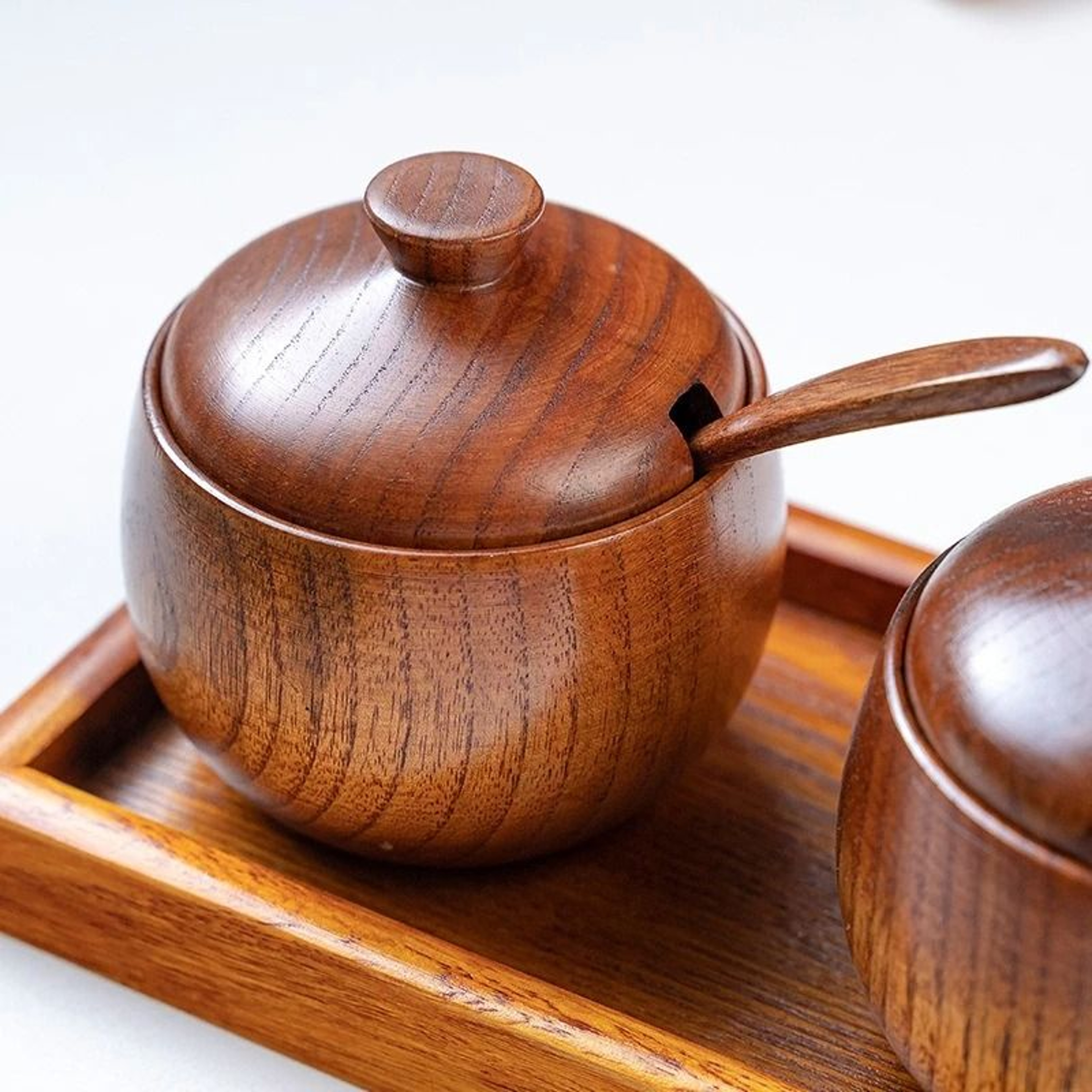 Wooden Seasoning Jar Vintage Kitchen Salt Sugar Spice Container With Lid Spoon And Tray 2