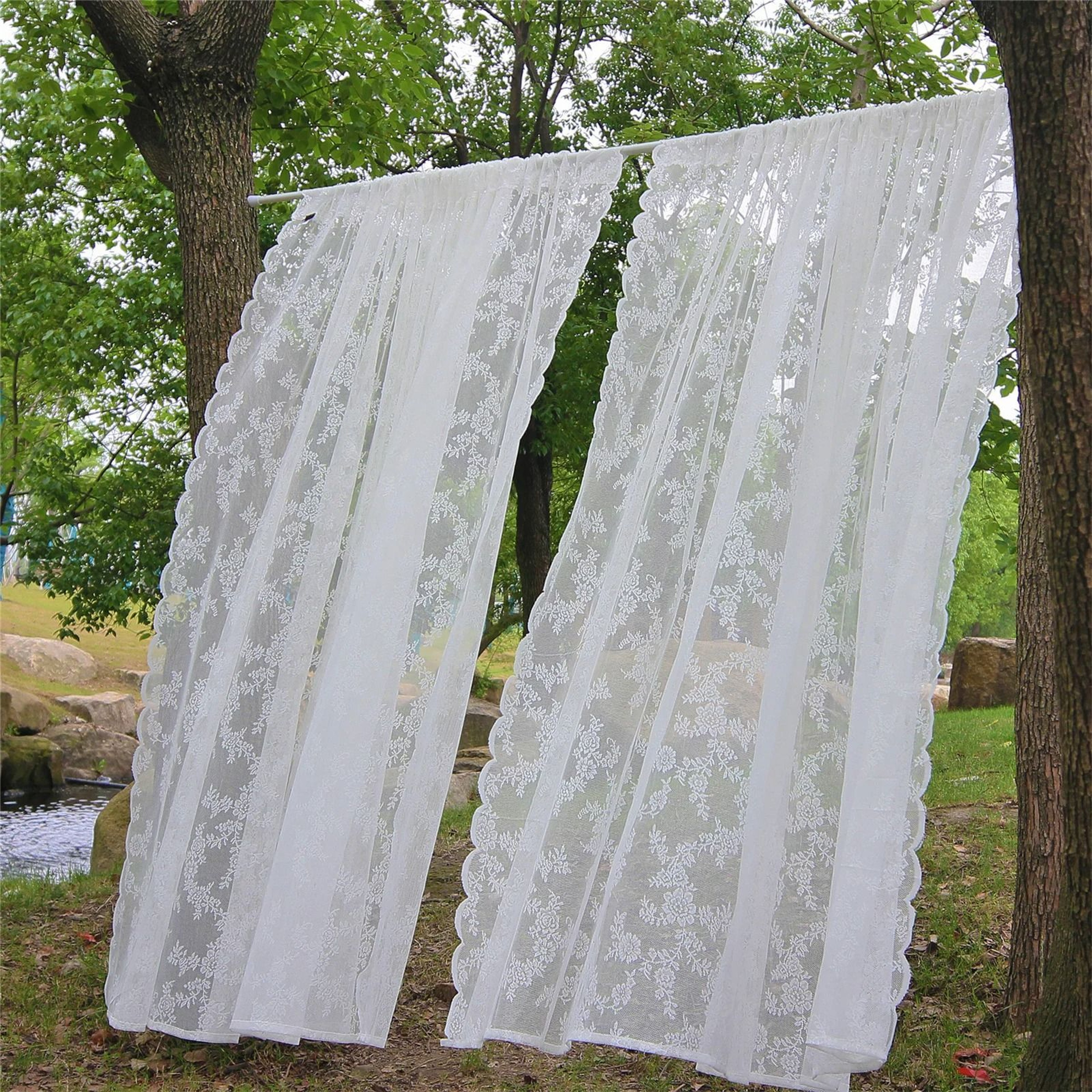 White Floral Lace Sheer Rod Pocket Curtain Panel 0