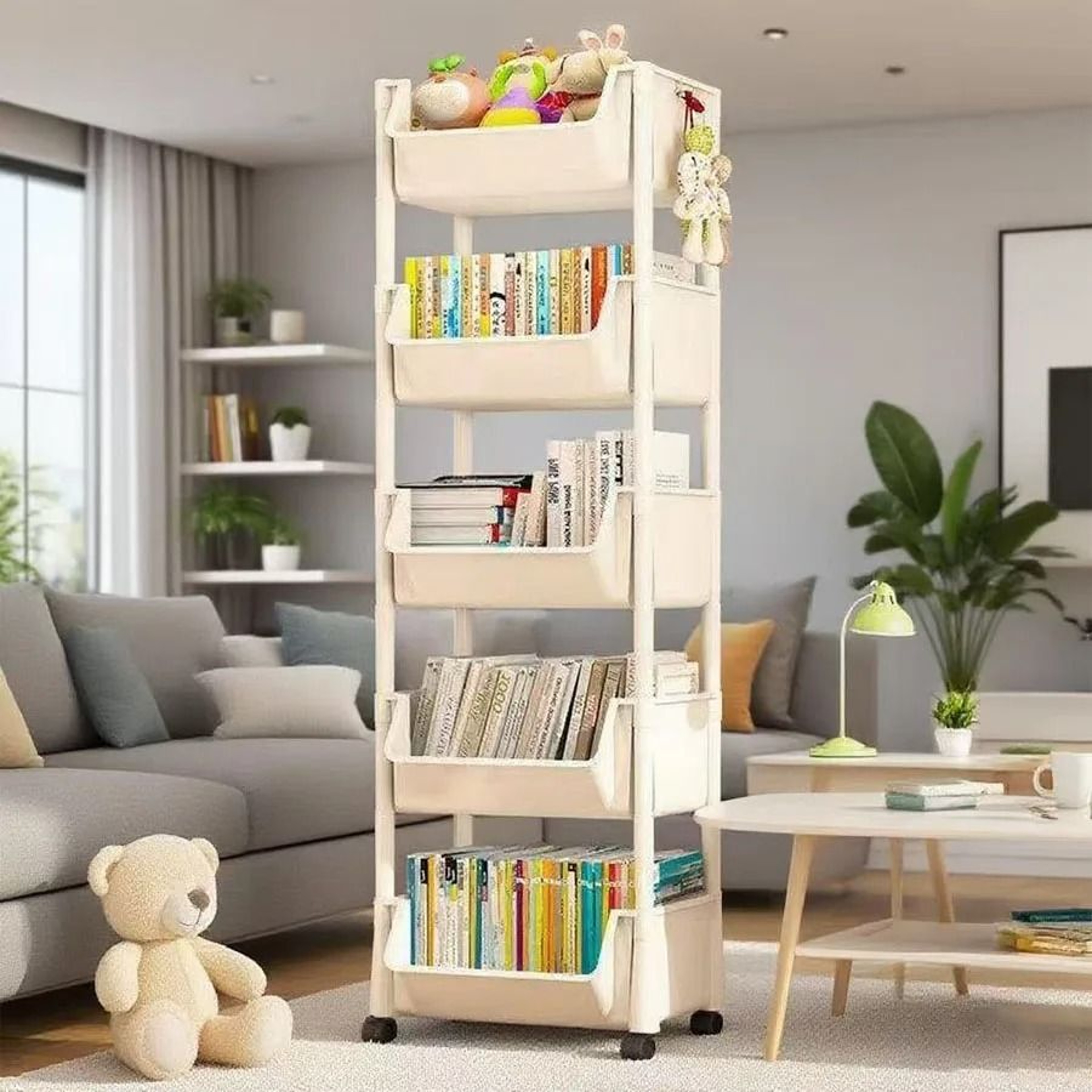5 Tier Cartoon Rolling Storage Rack Cute Bins For Books Toys Room Tidy 7