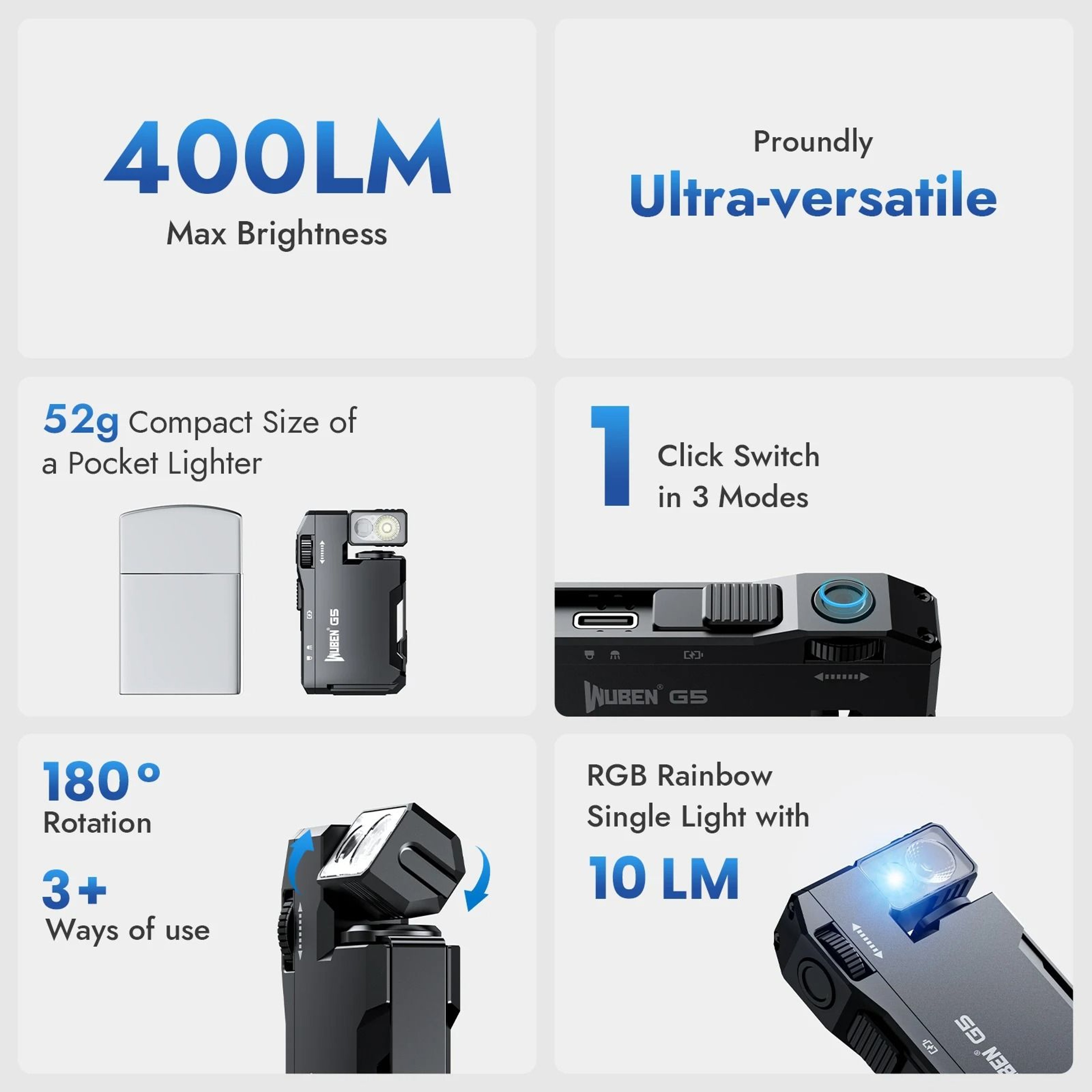 WUBEN G5 Rechargeable EDC Flashlight 400 Lumens Dual Light Sources Mini Portable Pocket Flashlight 1