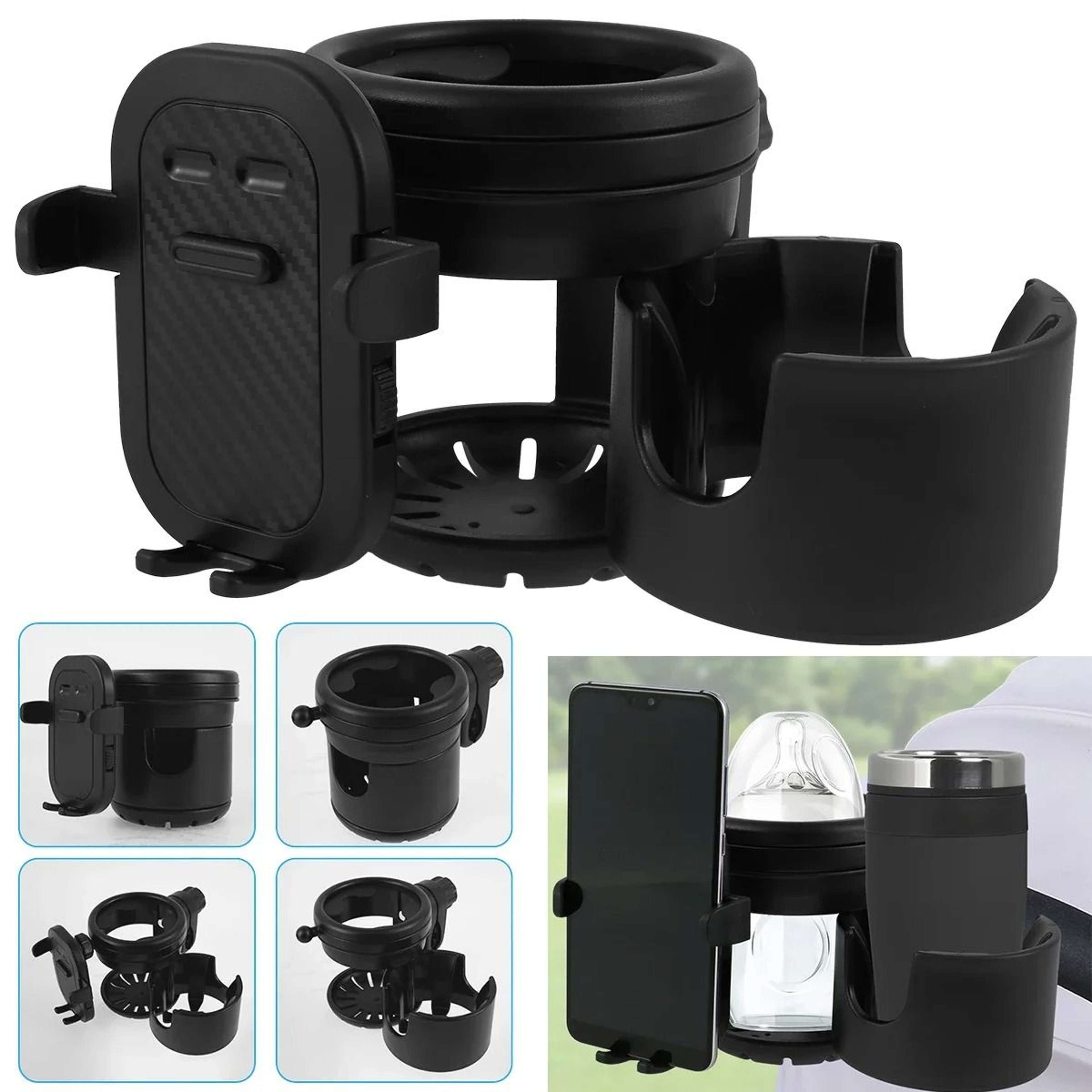 Universal Stroller Cup Holder With 360 Degree Phone Holder Double Hole Organizer Cup Rack 0