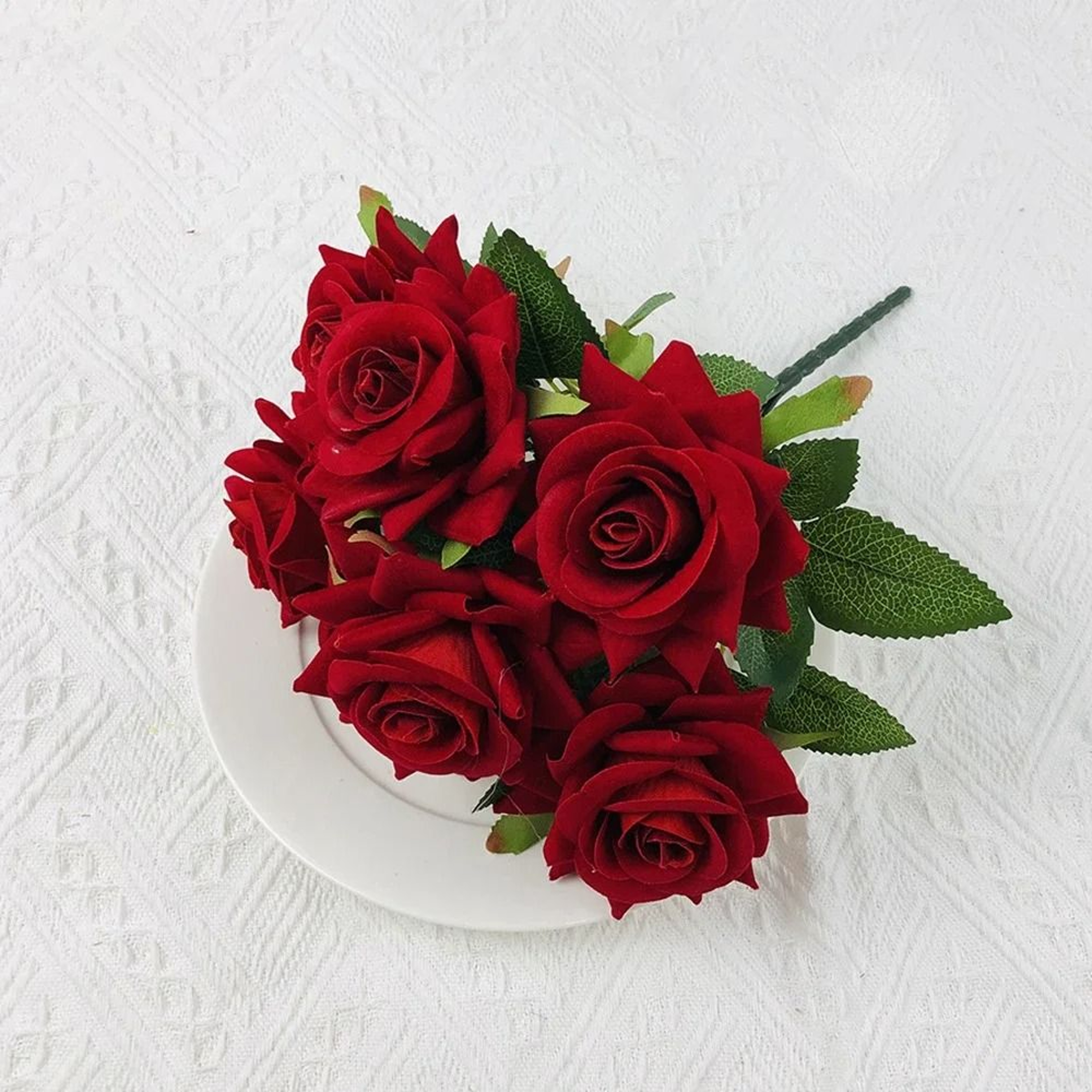 Velvet Artificial Flower Rose Bouquet Red 7 Heads Fake Rose Decorative Floral Home Decor 6