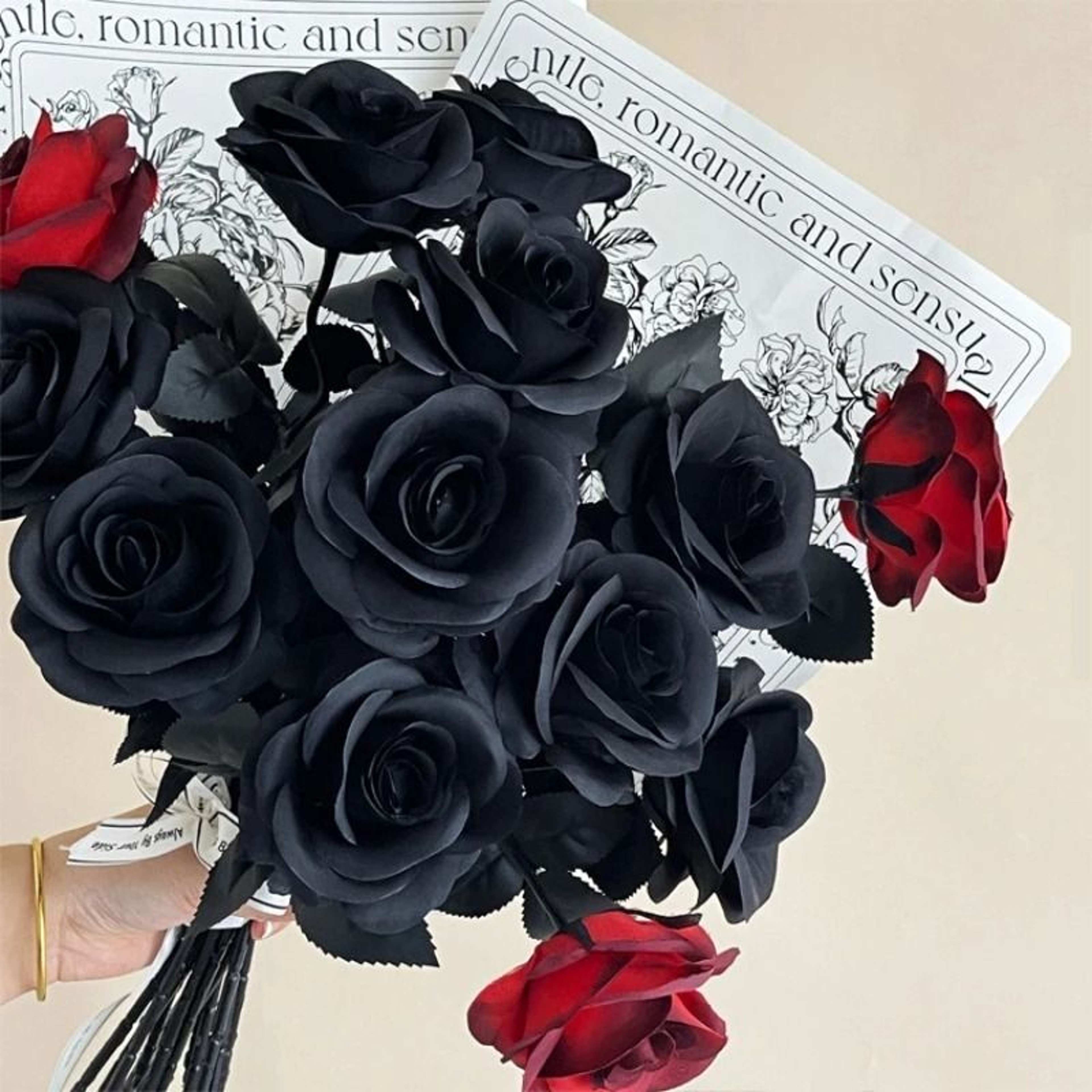 12 Piece Black Red White Artificial Silk Rose Branch Set Long Stem Decorative Flowers 1