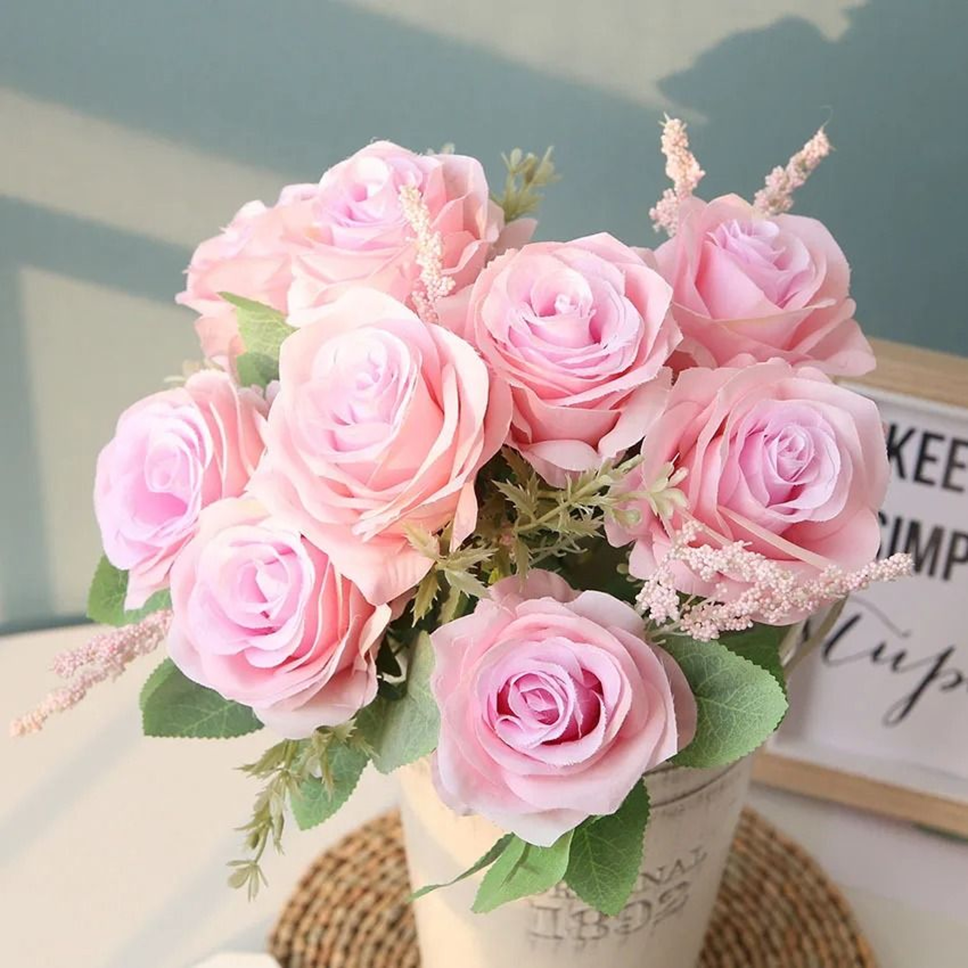 12 Piece Artificial Blue Silk Rose Bouquet Home Garden Wedding Decoration 7