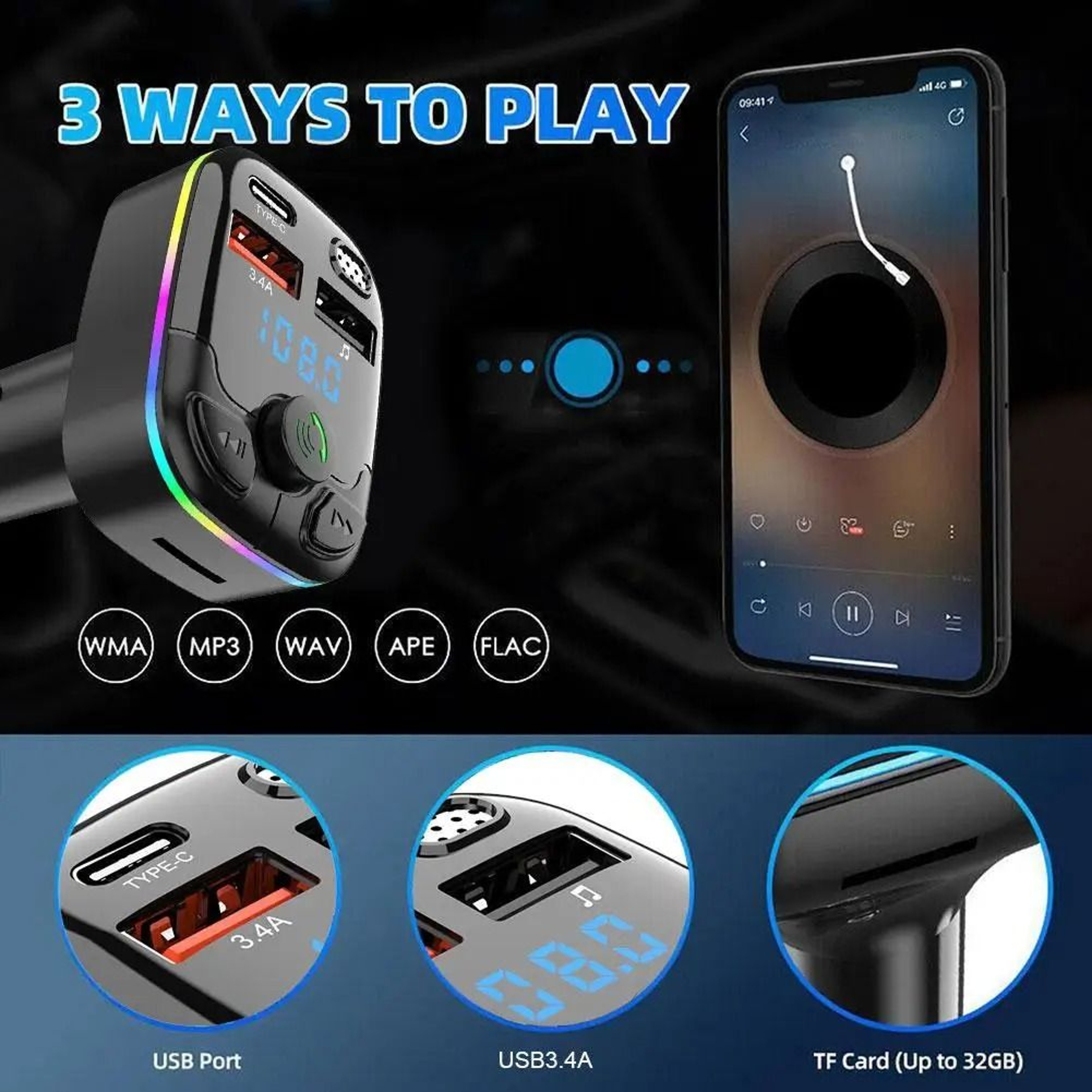 Bluetooth 50 Car FM Transmitter PD Type C Dual USB 18W Handsfree Charger 3