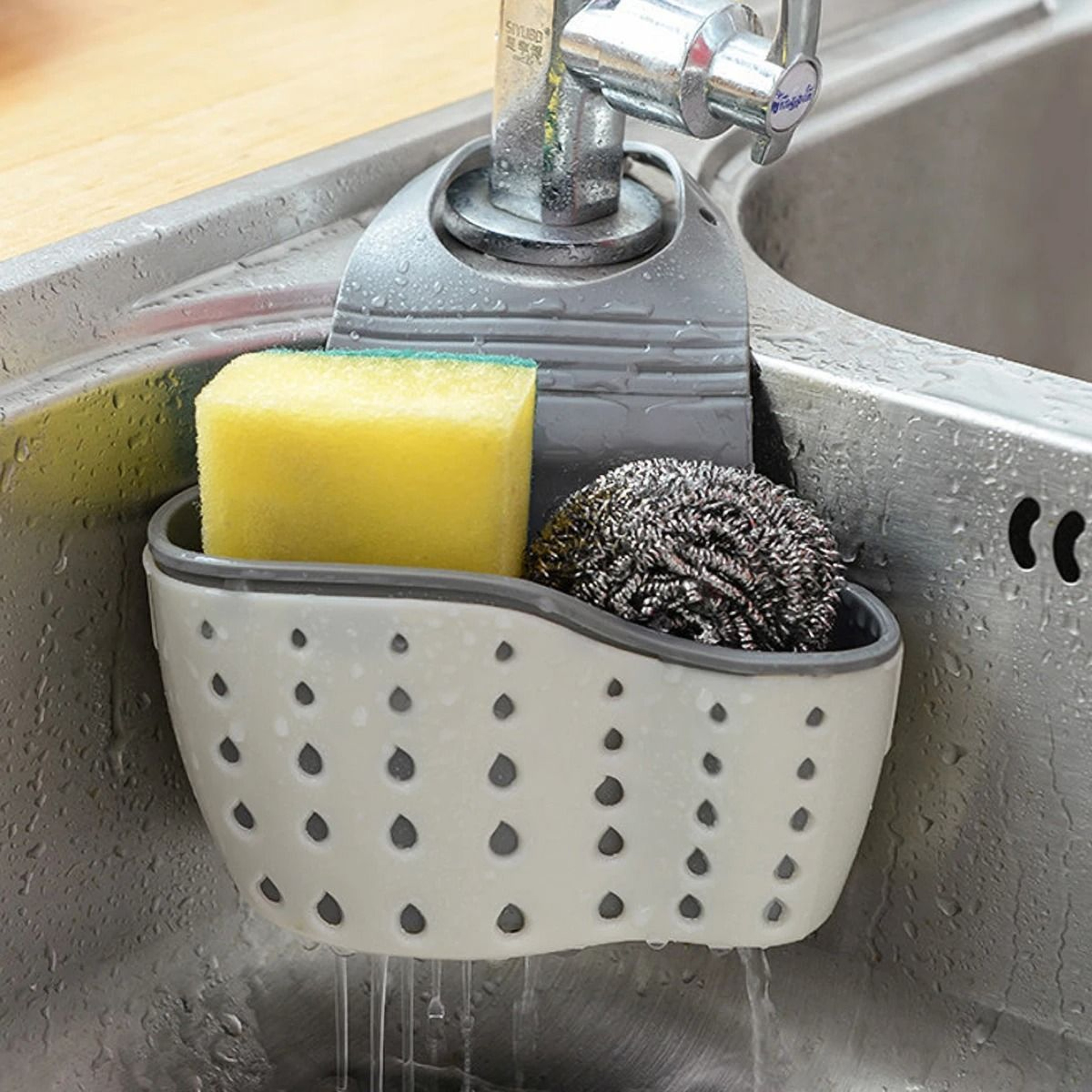 Kitchen Sink Holder Hanging Drain Basket Adjustable Soap Sponge Shelf Organizer 2