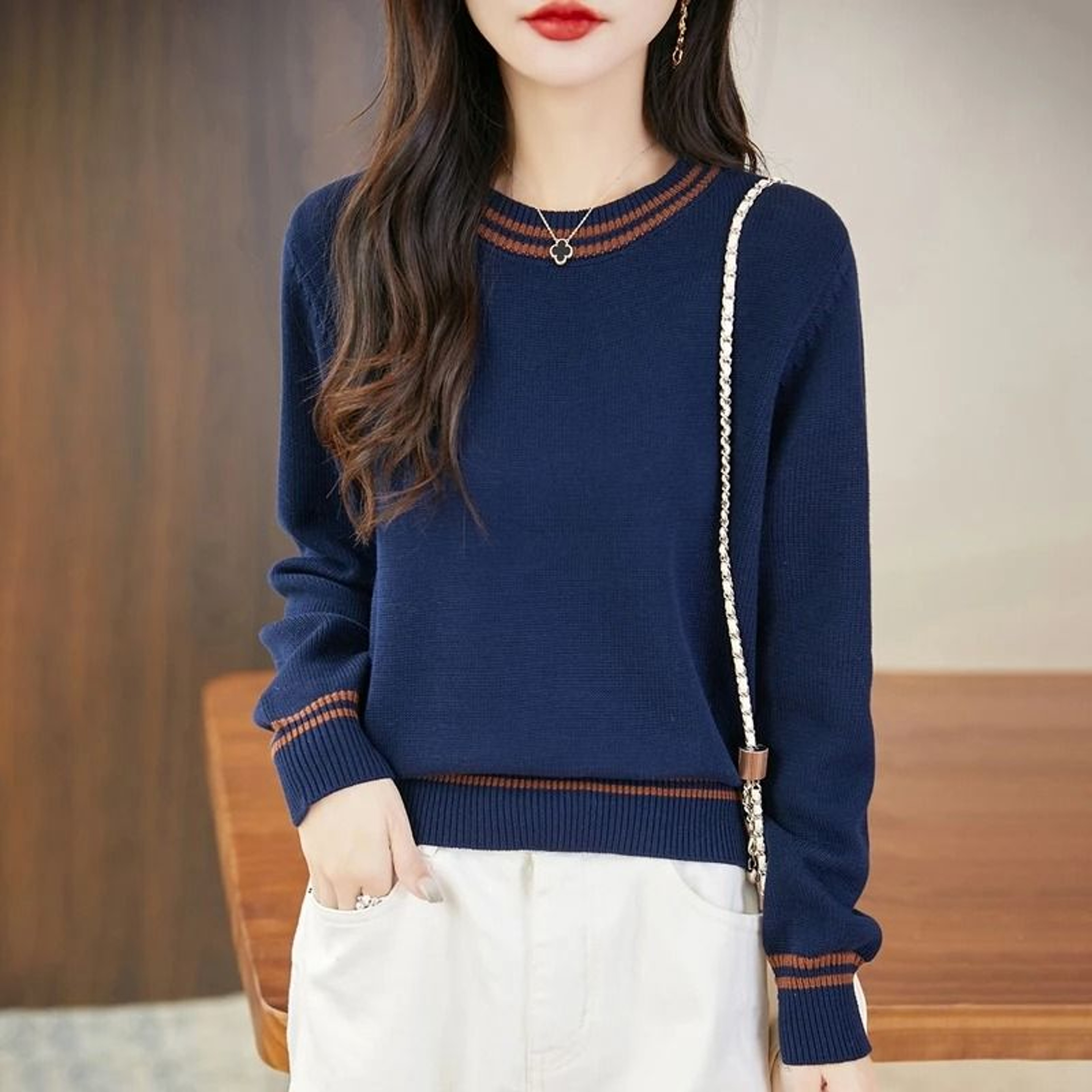 Autumn Winter Women Pure Cotton Knitted ONeck Pullover Sweater 4