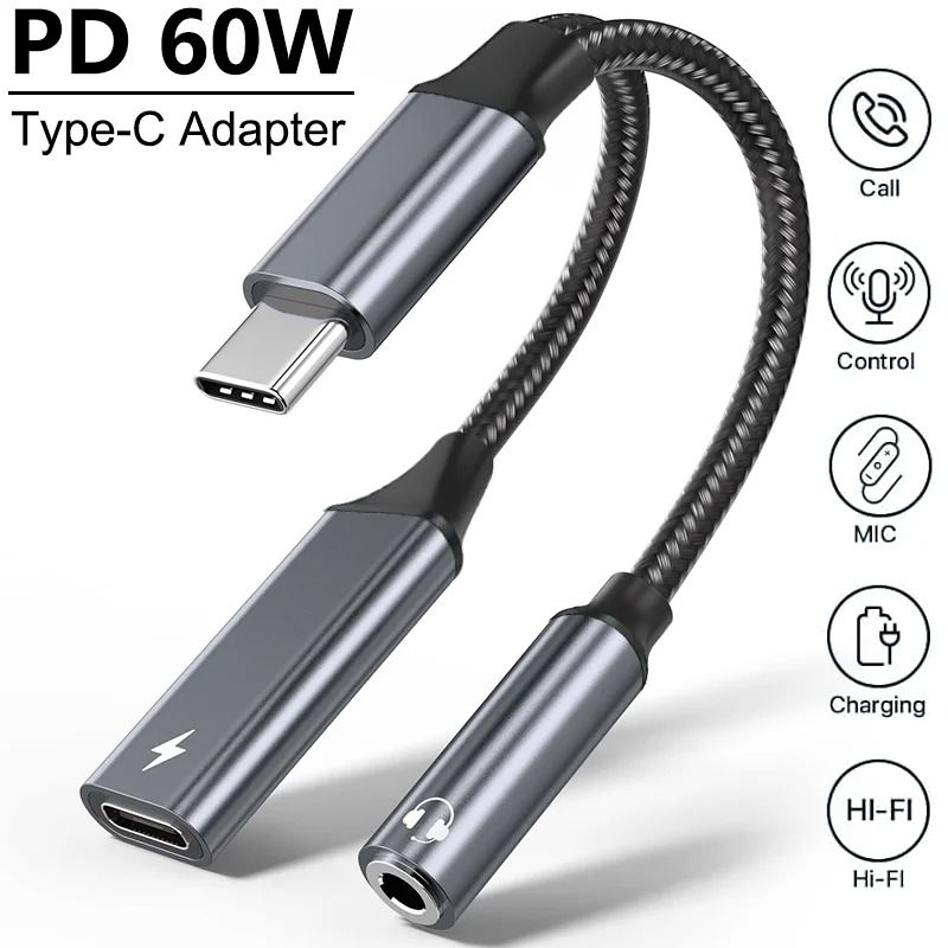 2 In 1 Type C To 35mm Audio Adapter PD 60W Fast Charging 0