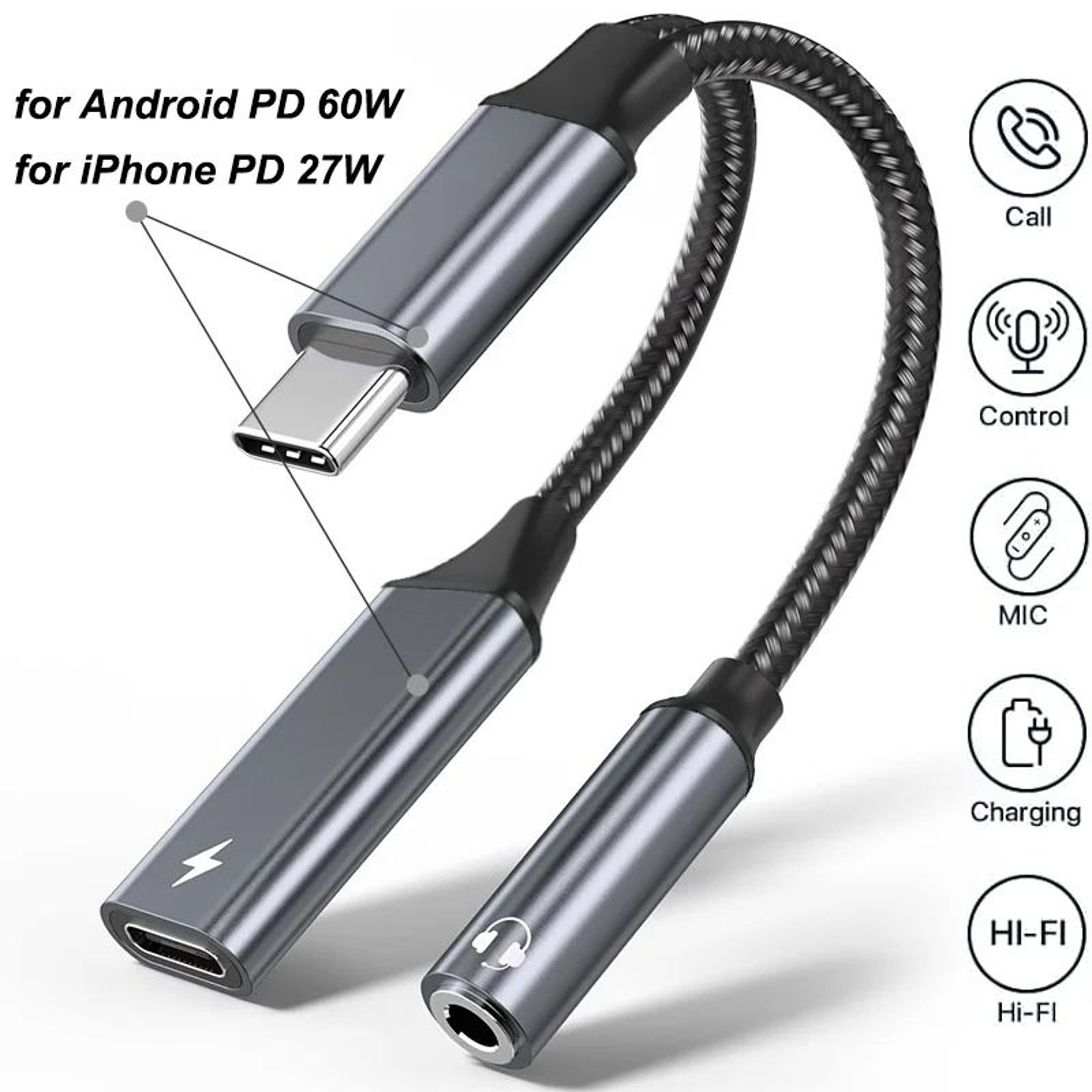 2 In 1 Type C To 35mm Audio Adapter PD 60W Fast Charging 7