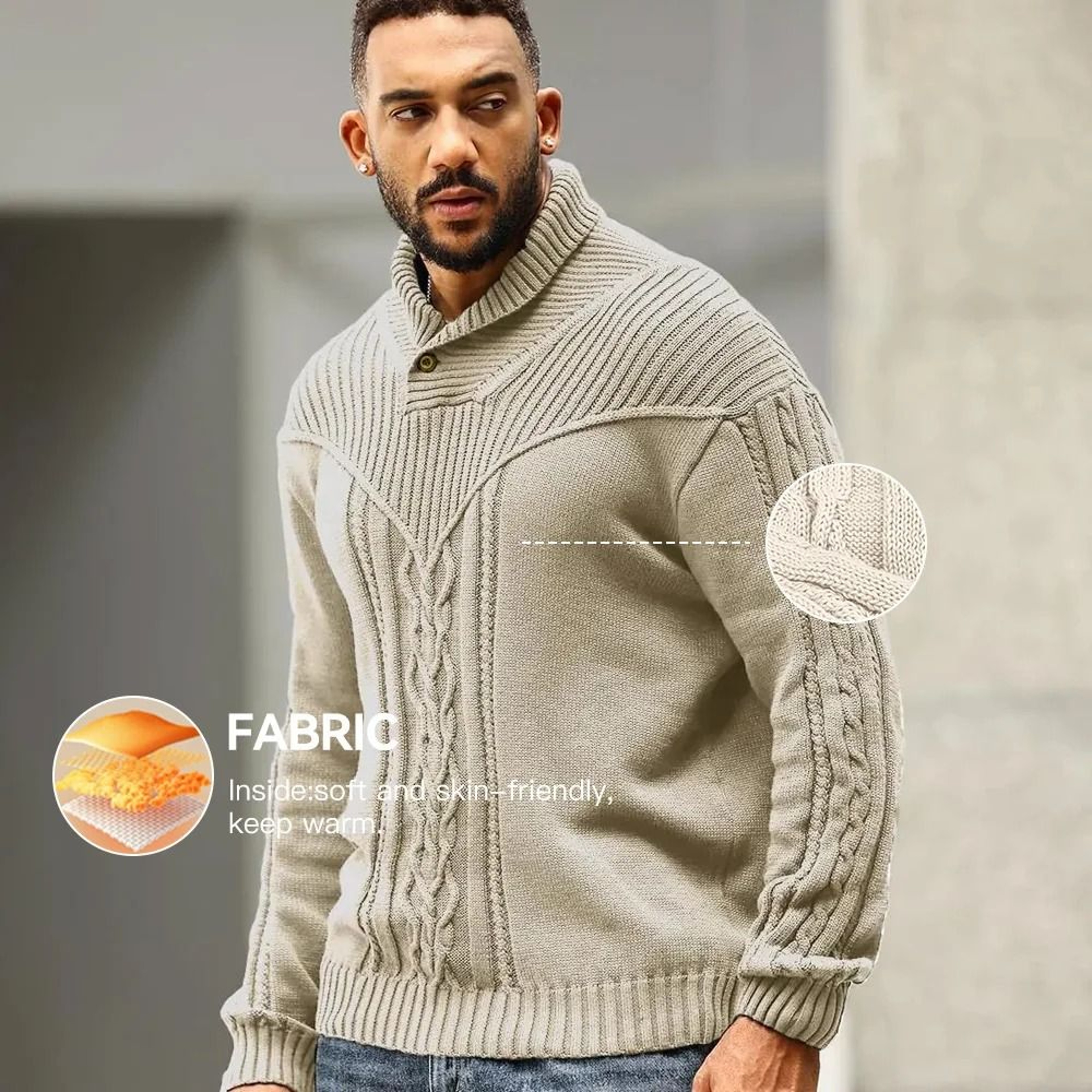 Men Shawl Collar Cable Knit Pullover Sweater Fleece Woolen Solid Color 3