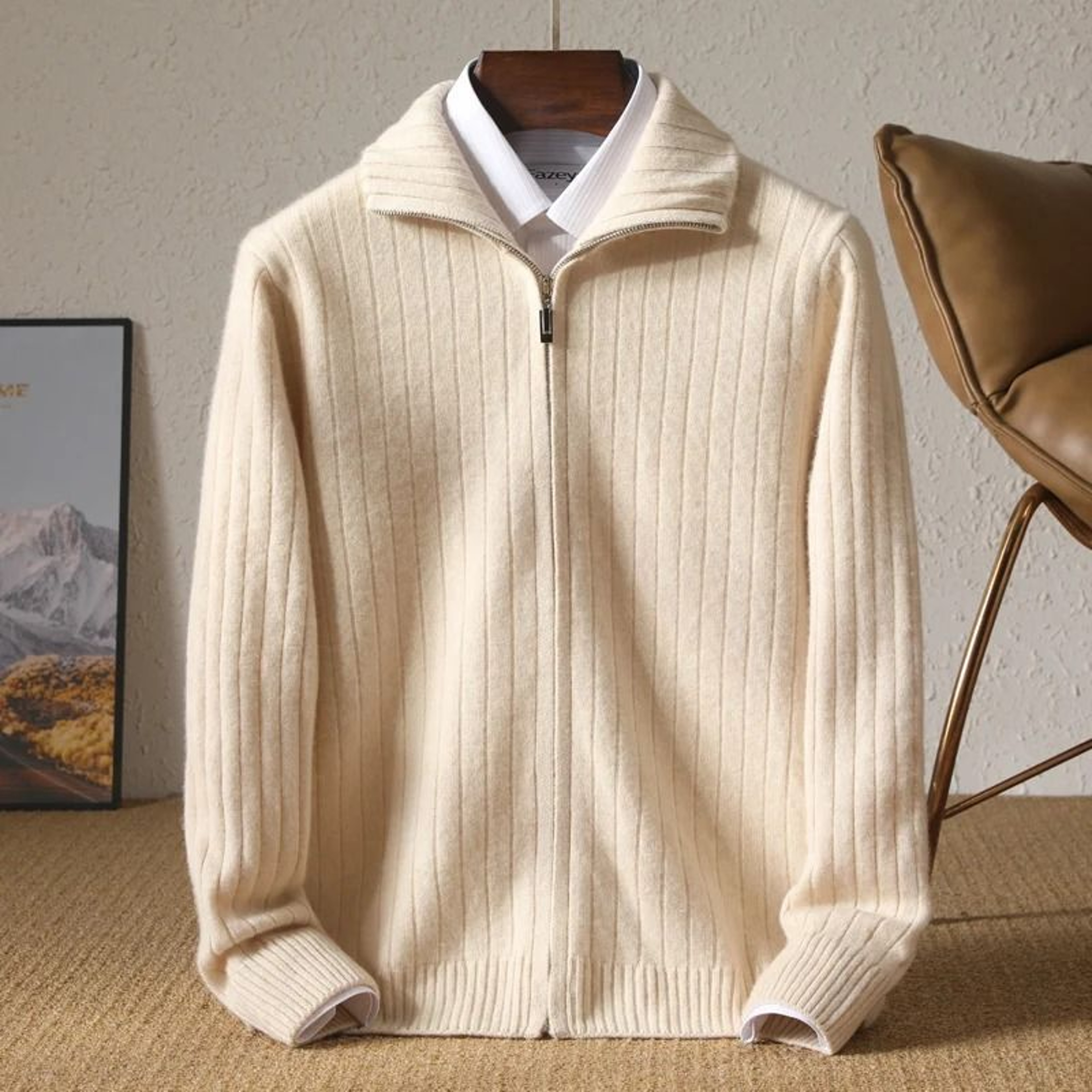 Men 100 Percent Merino Wool Stand Up Collar Cardigan Zipper Coat 6