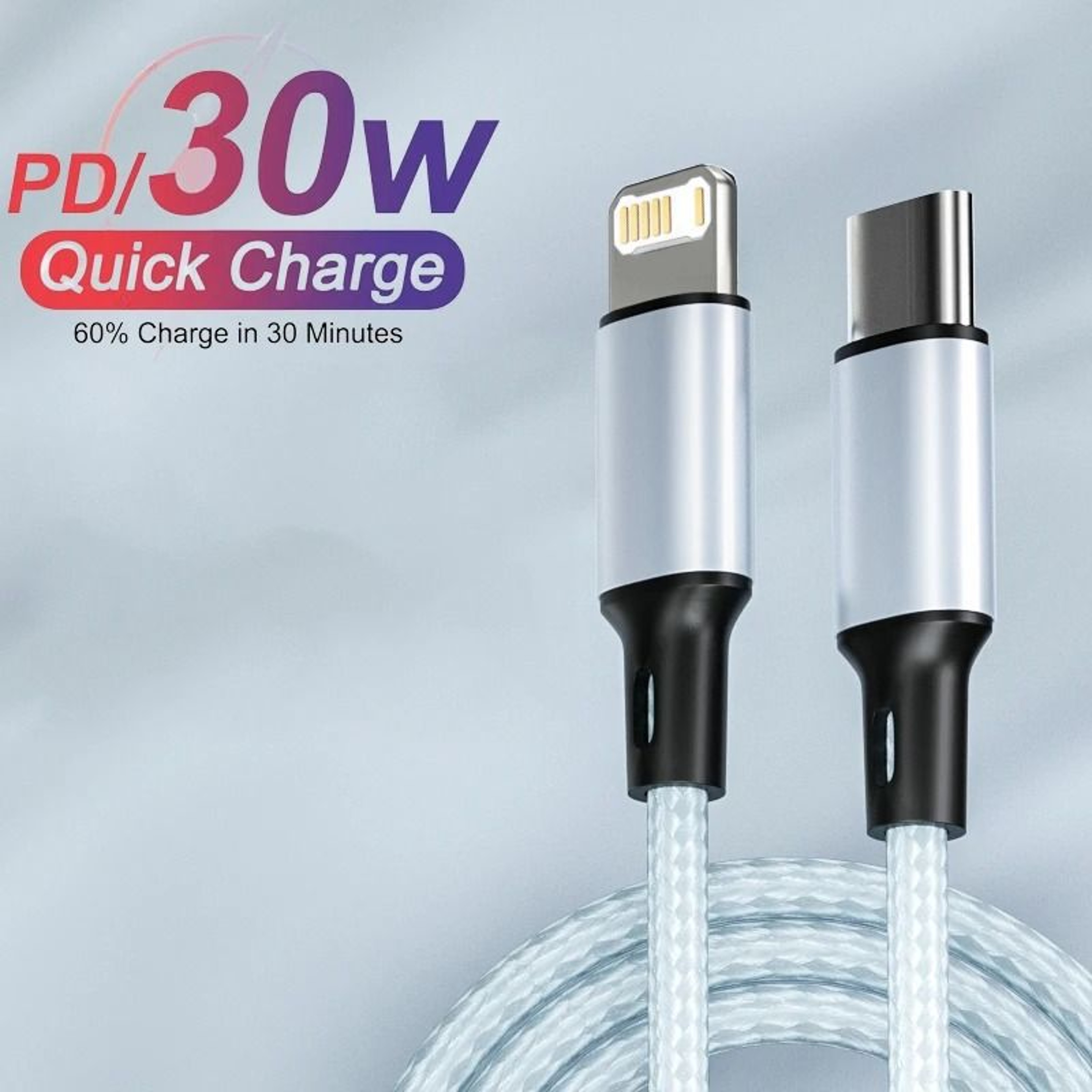 PD 30W Charger Cable USB A To Type C Lightning Fast Charging Data Line 0