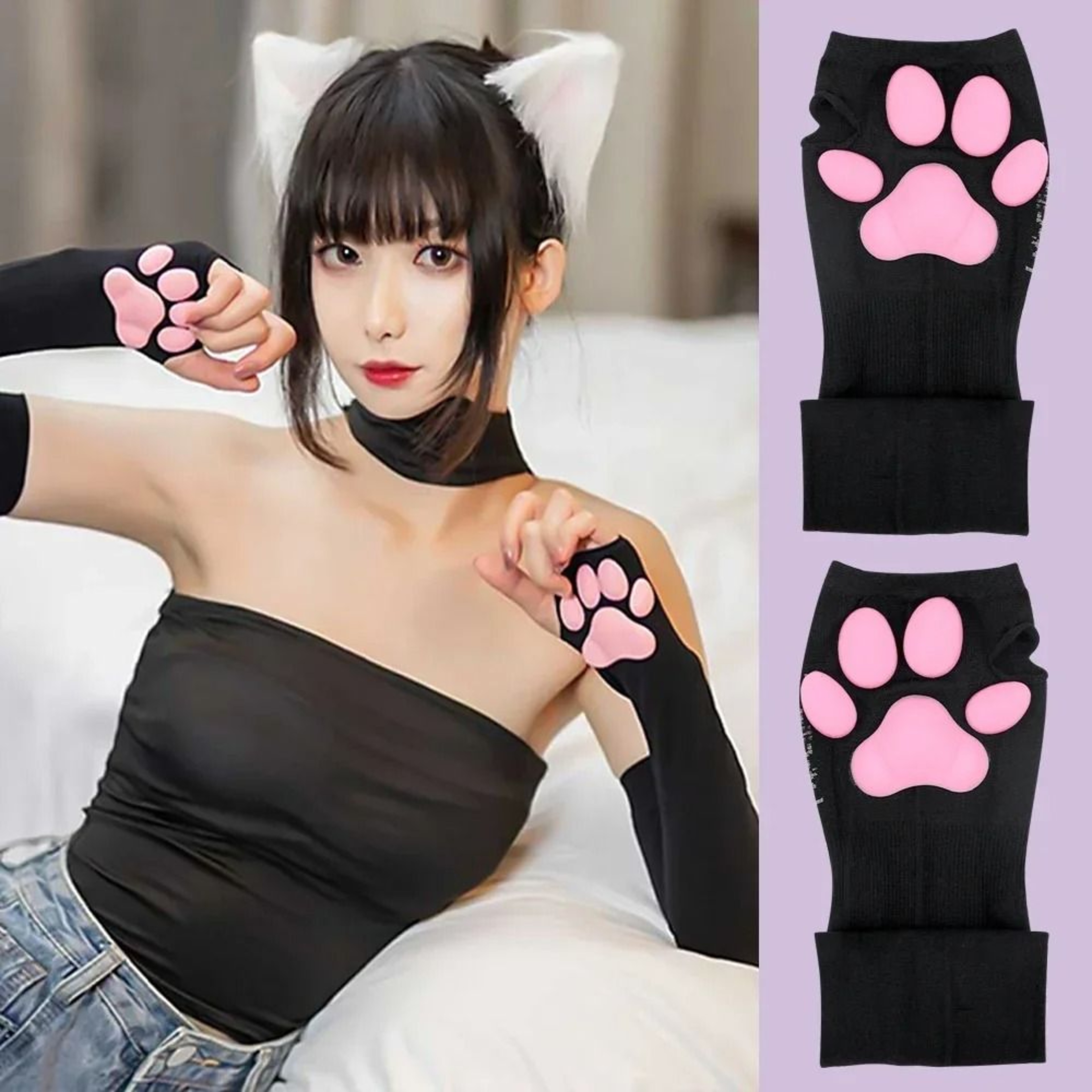 3D Cat Paw Sleeve Sun Protection Arm Cover Spandex Cat Paw Cosplay Gloves 3