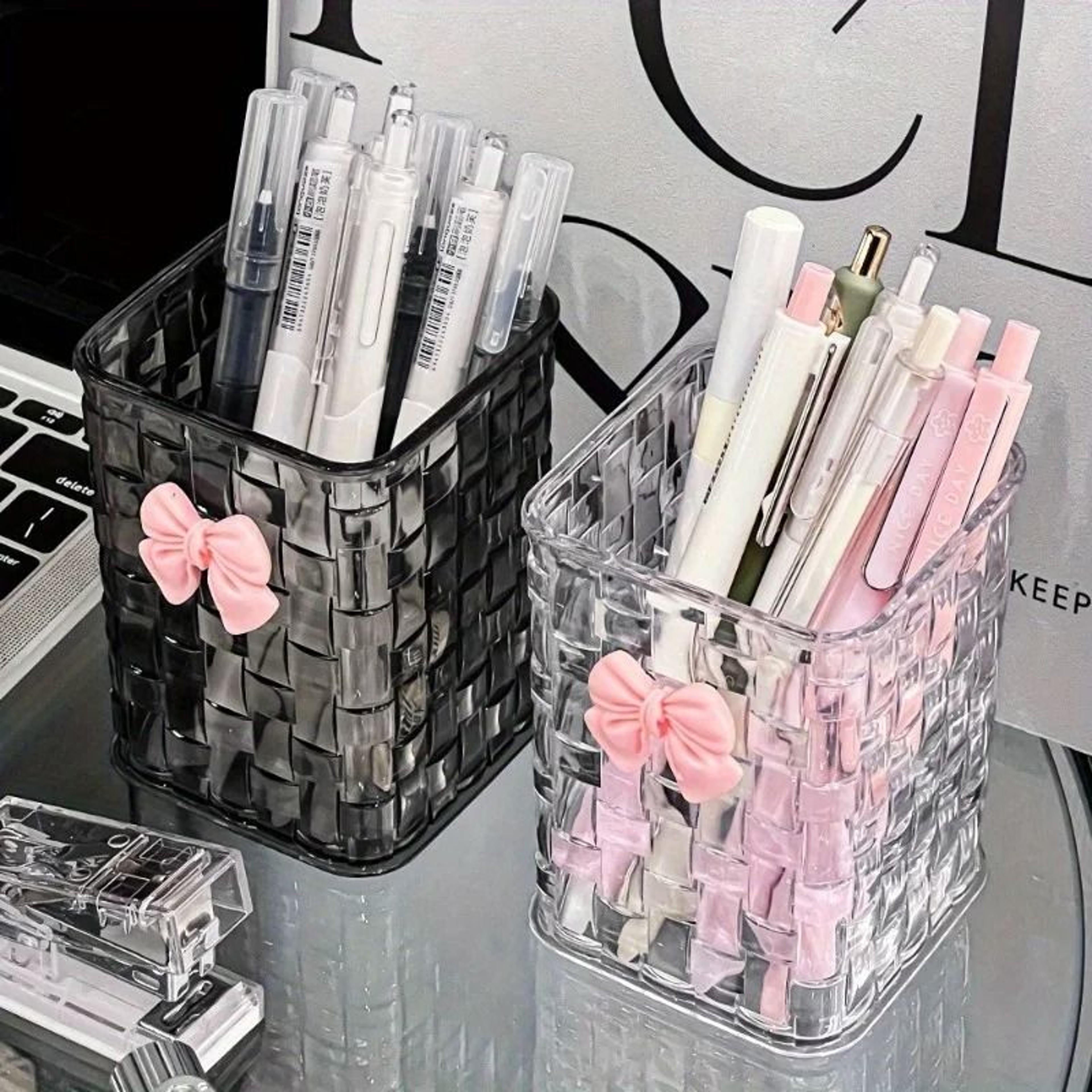 Clear Acrylic Desk Organizer With Bow Accent Pen Holder And Storage Basket For Office Supplies 3