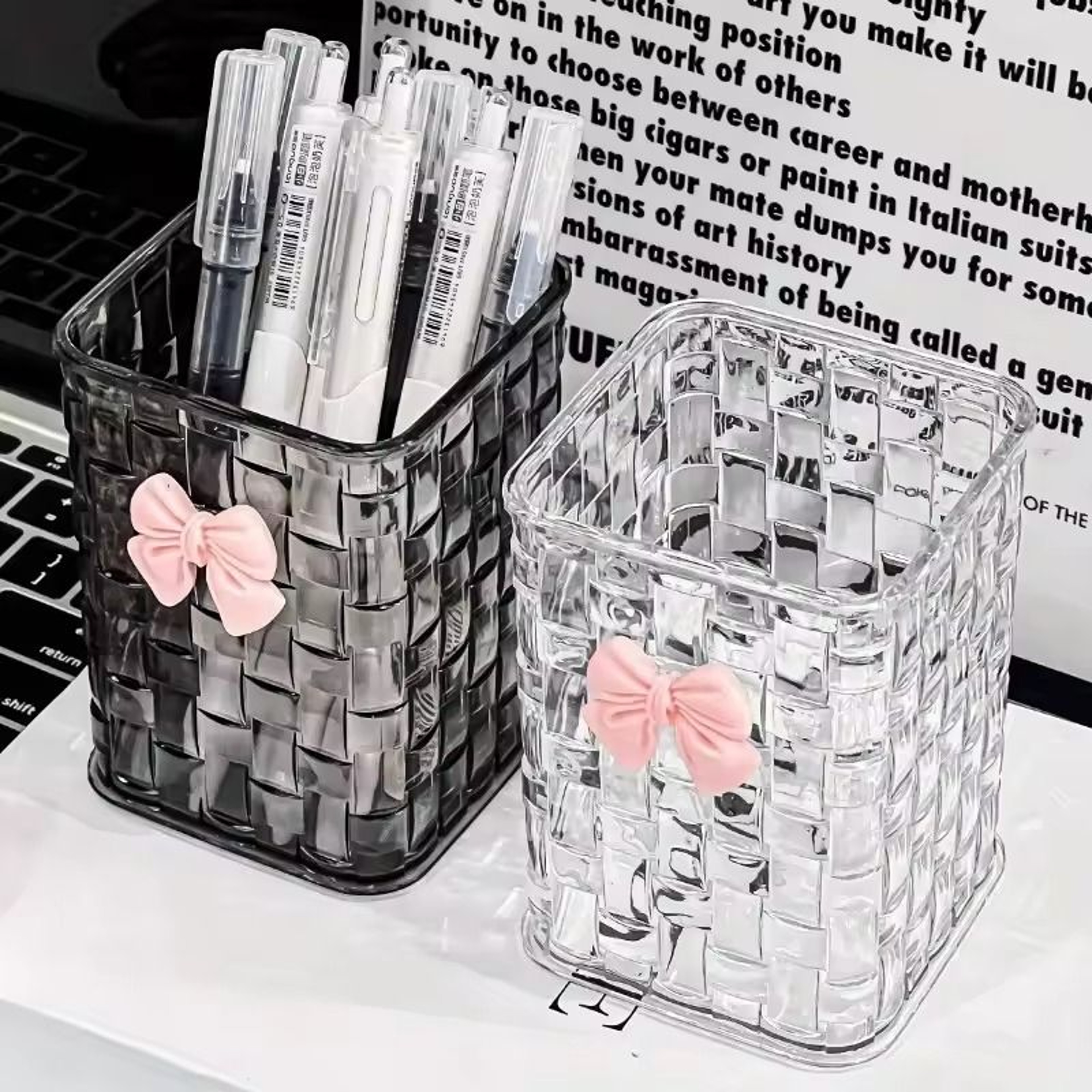 Clear Acrylic Desk Organizer With Bow Accent Pen Holder And Storage Basket For Office Supplies 0