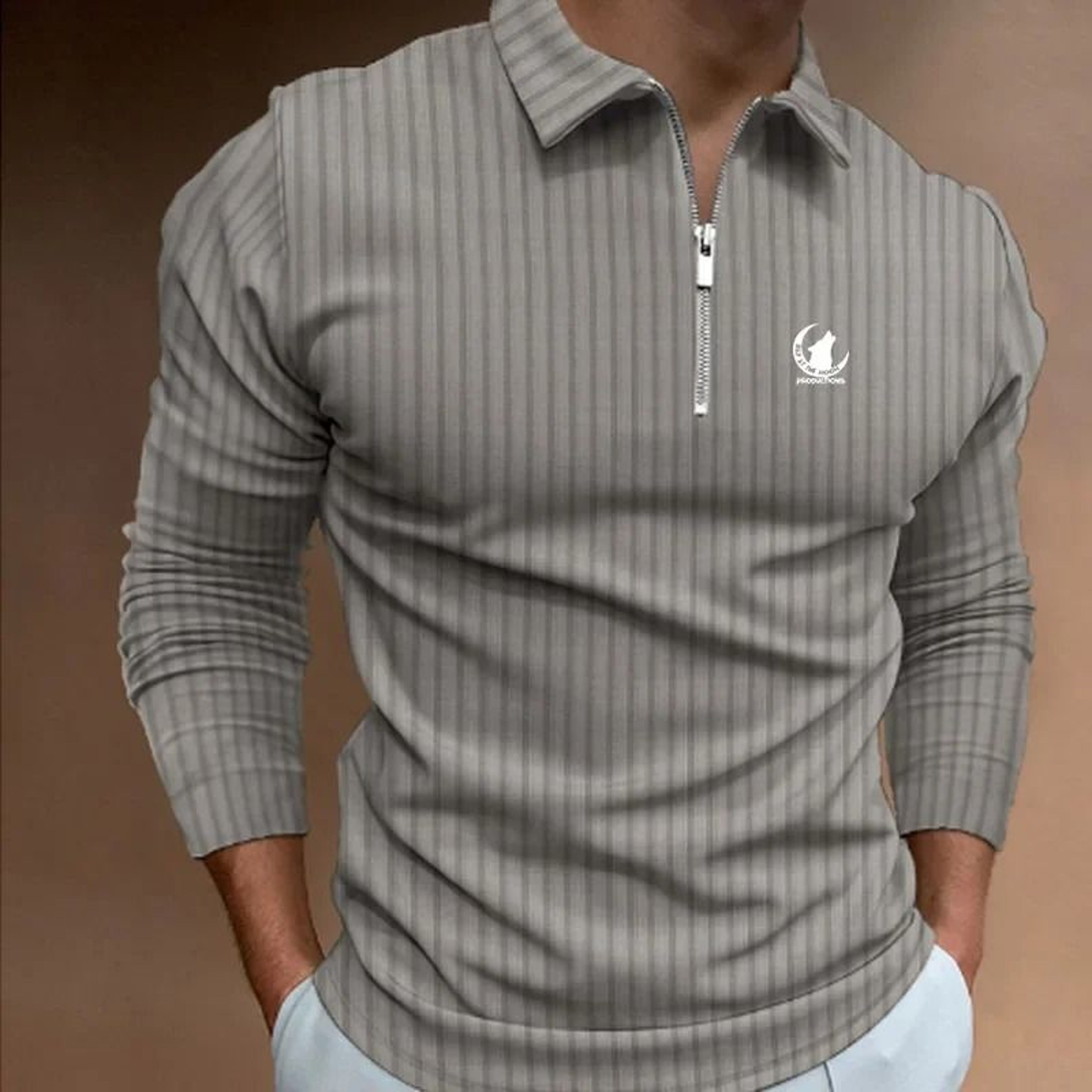 Long Sleeve Zipper Stripe Polo Shirt For Men 0