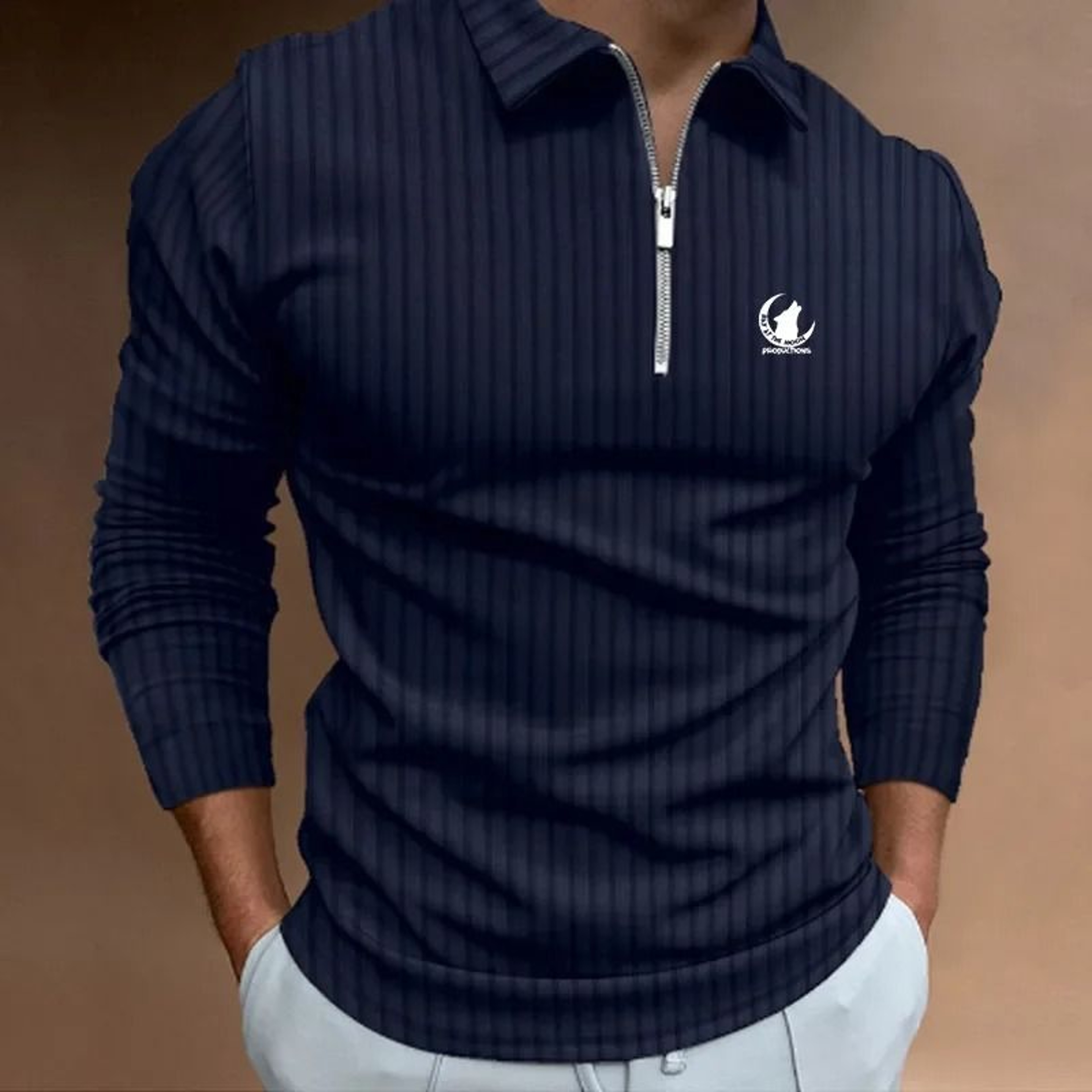Long Sleeve Zipper Stripe Polo Shirt For Men 4