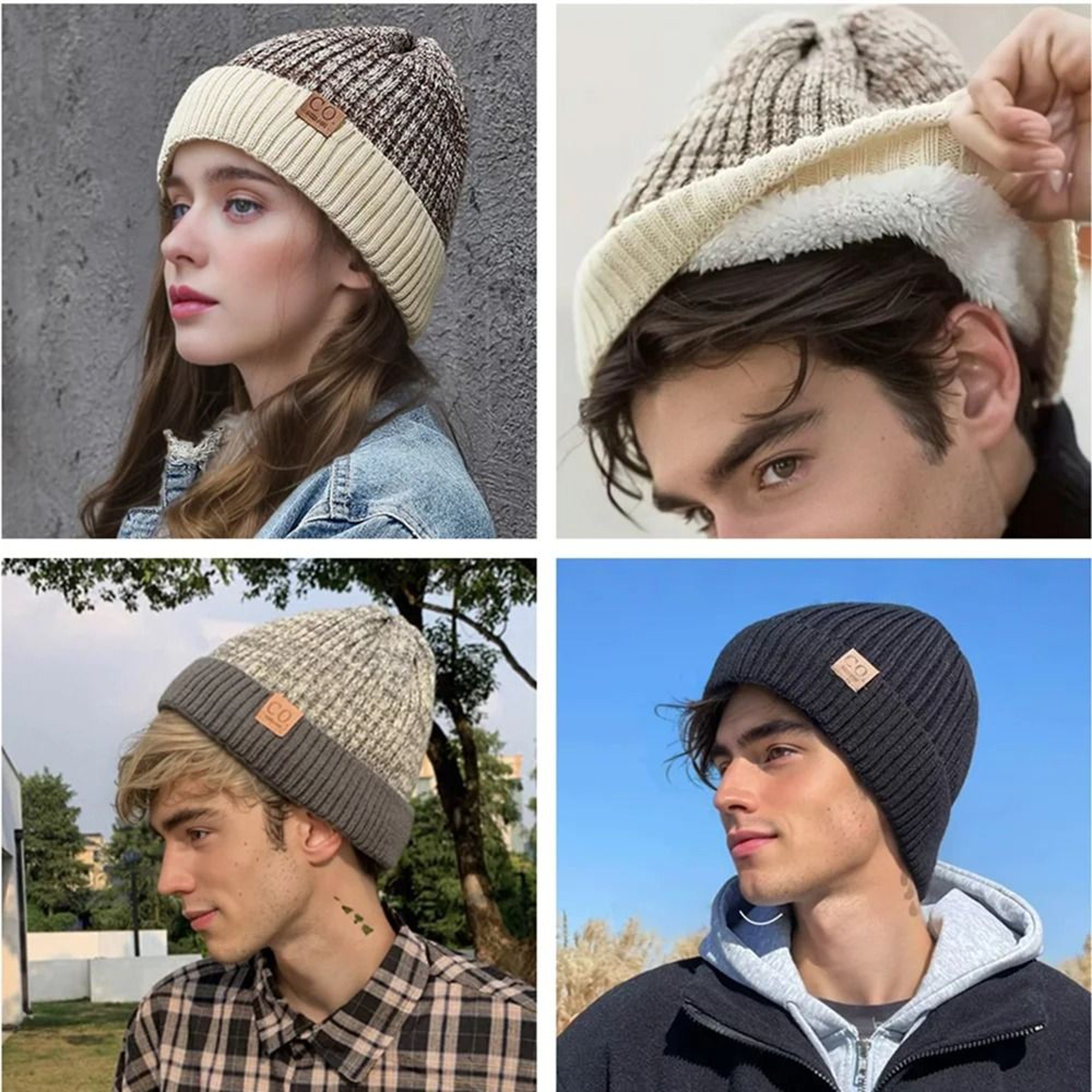 Unisex Two Tone Winter Fur Lined Beanie Hat 5