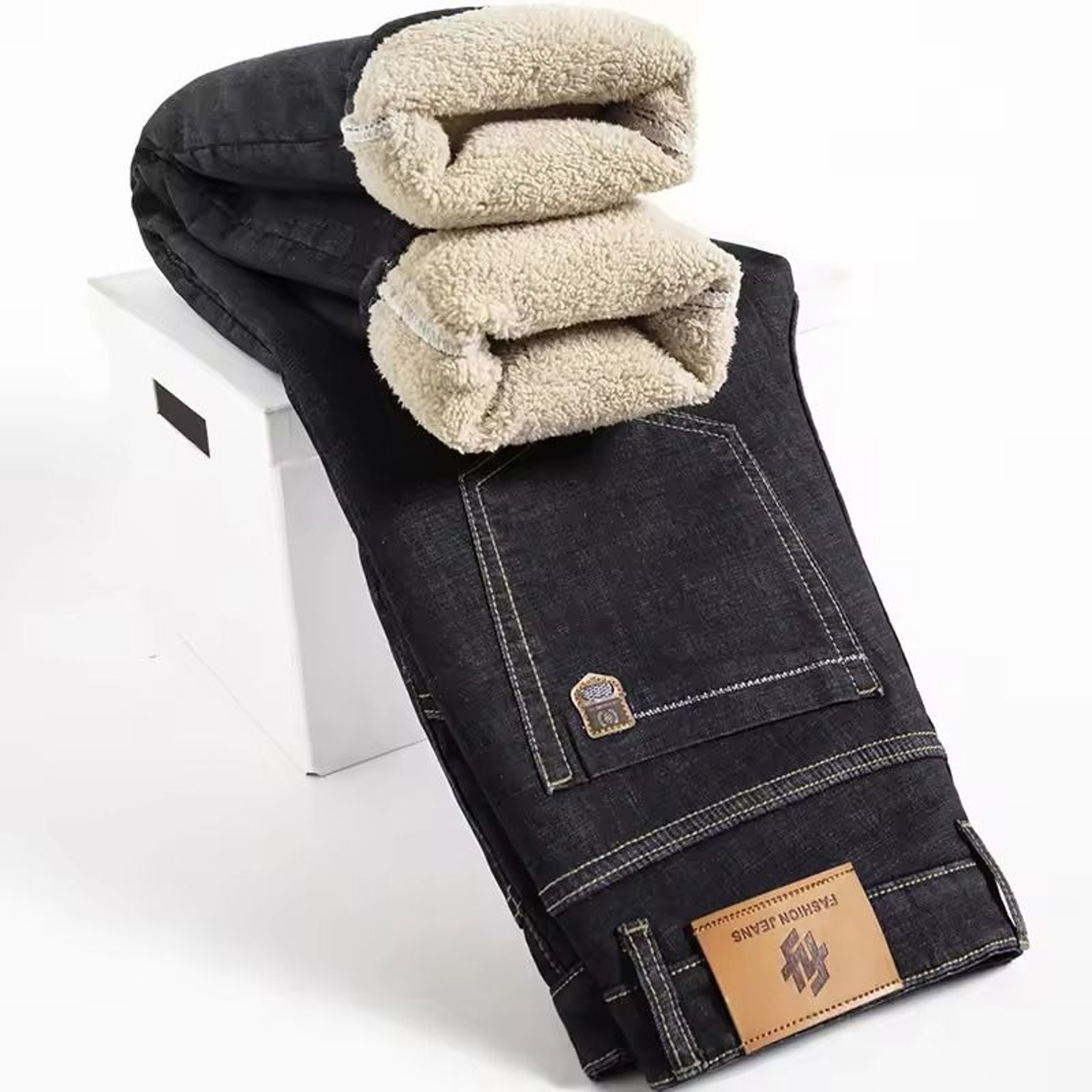 Winter Lamb Fluff Denim Straight Pants Men Fleece Lined Warm Jeans 0