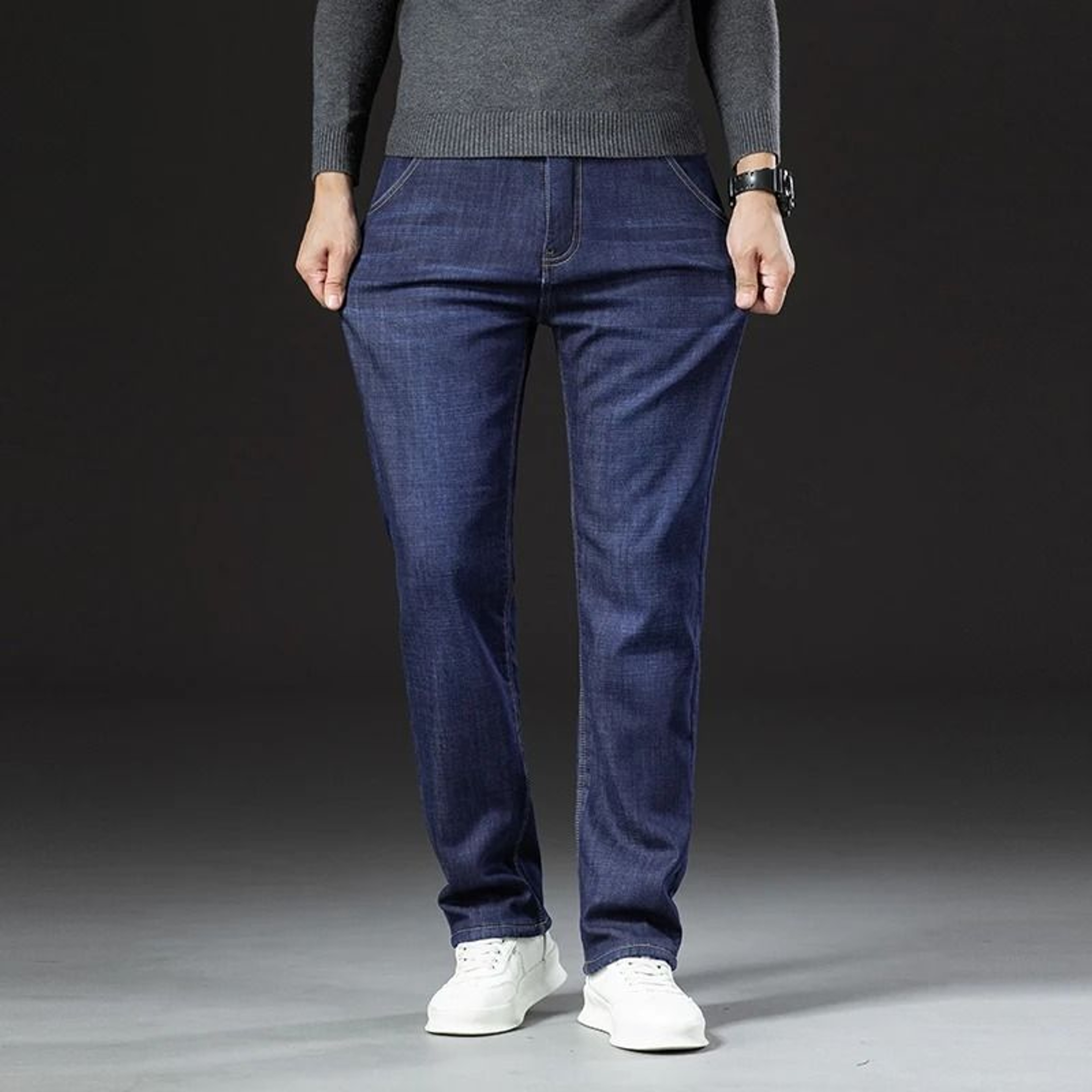 Winter Lamb Fluff Denim Straight Pants Men Fleece Lined Warm Jeans 4