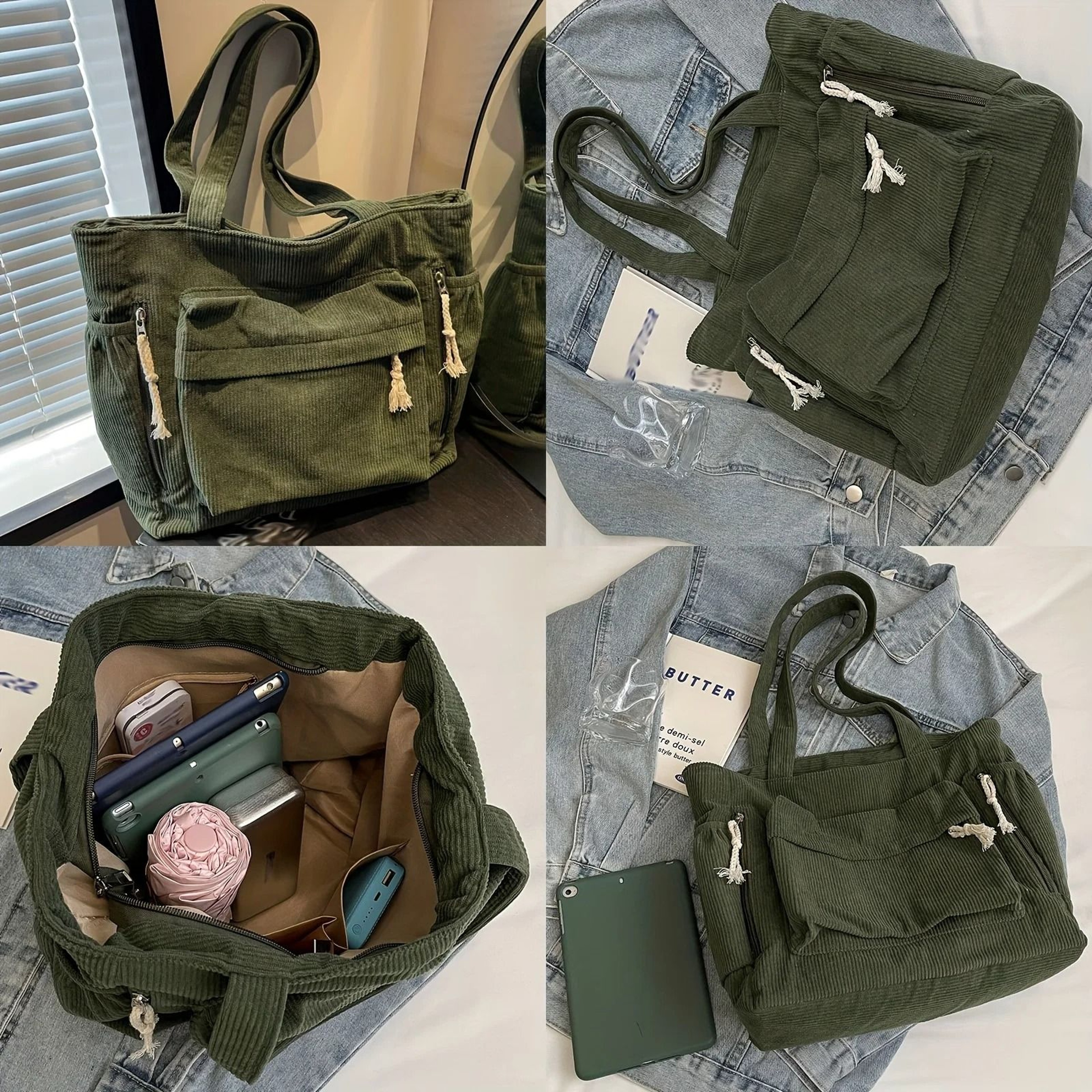 Travel Master Corduroy Shoulder Tote Bag Casual Solid Color For Women 3
