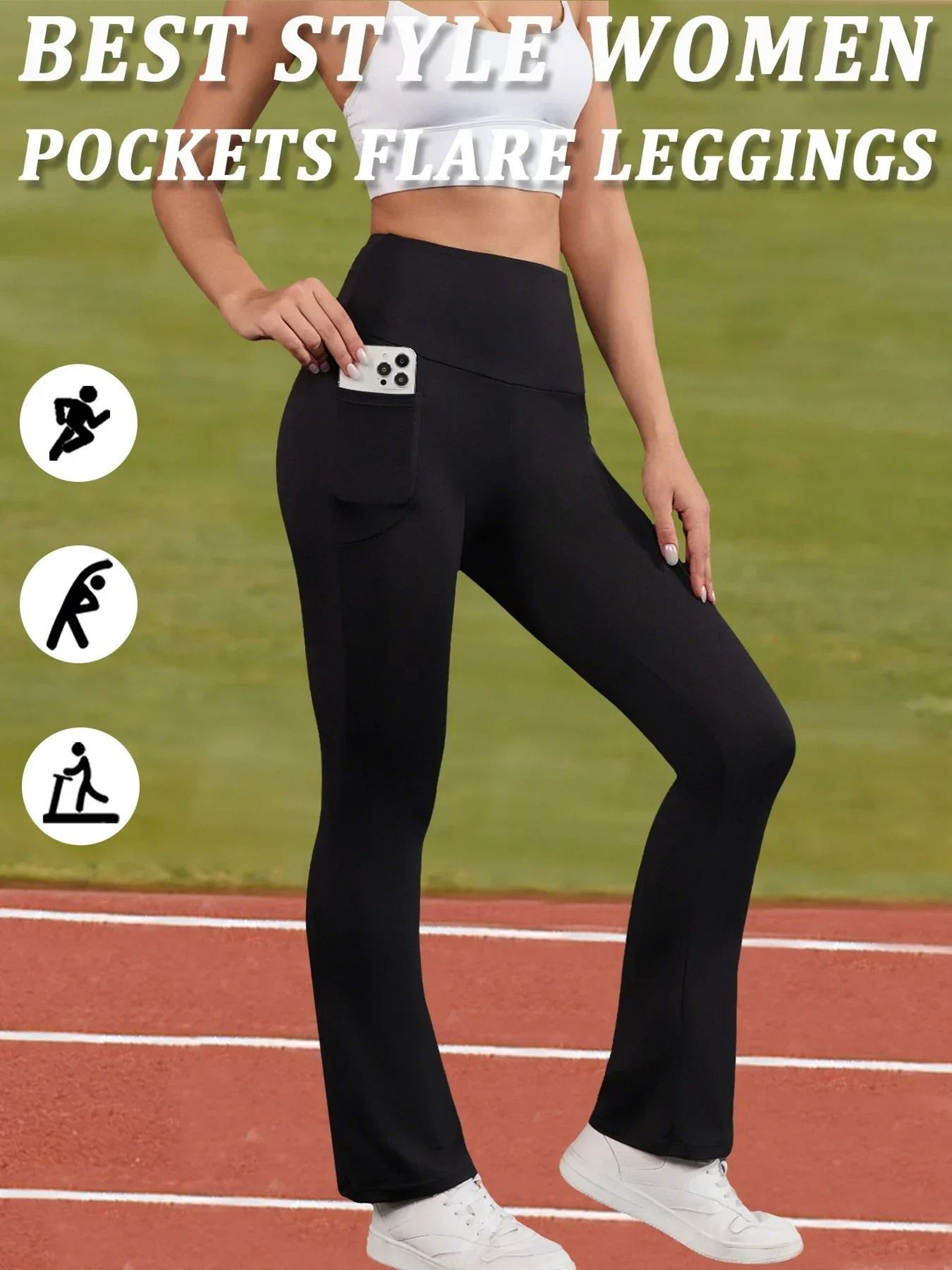 Womens Super Soft Flare Pants With Pockets High Waisted Yoga Bell Bottom Leggings 6