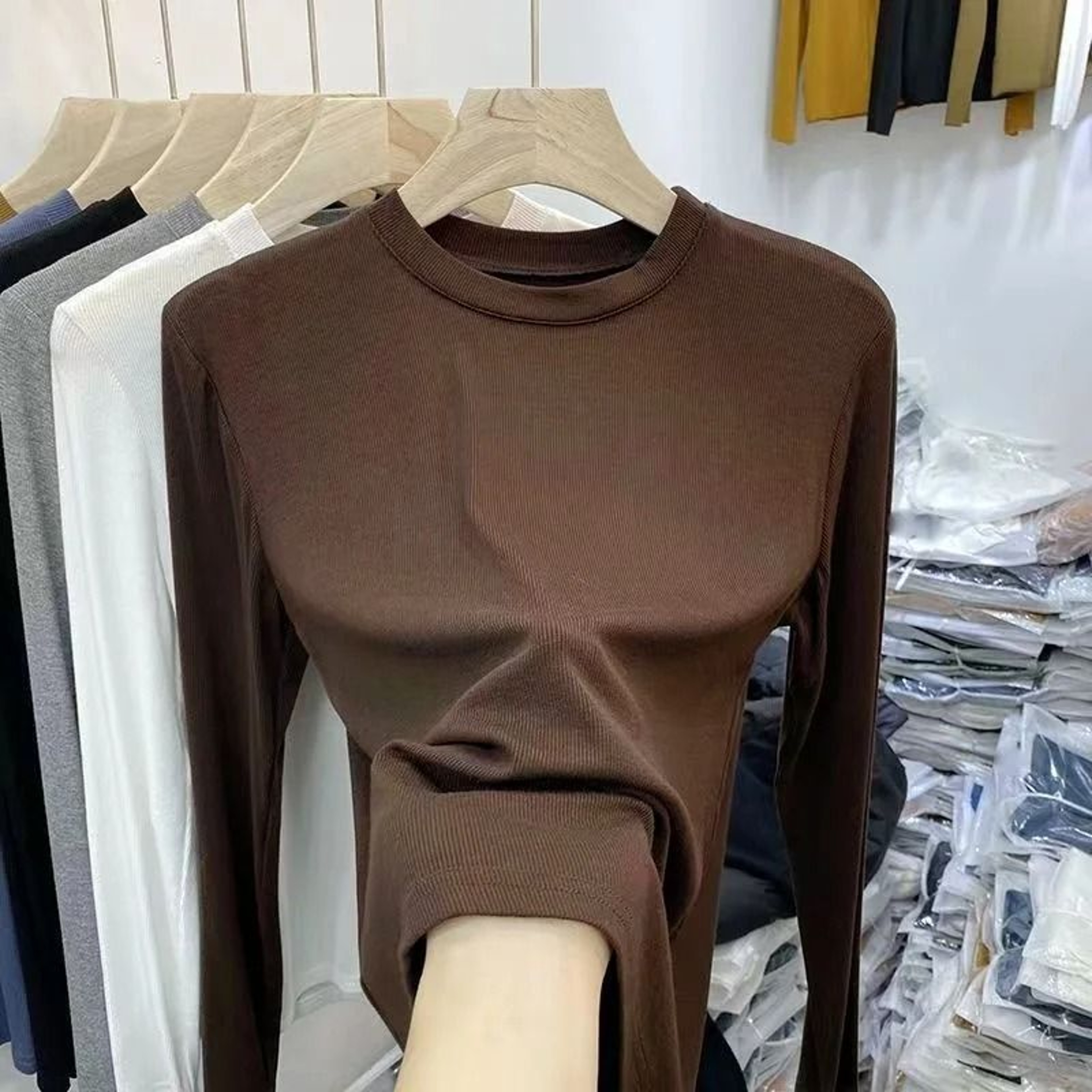Womens Slim Fit ONeck Long Sleeve Basic TShirt  Stretchy Ribbed Knit Casual Top 2