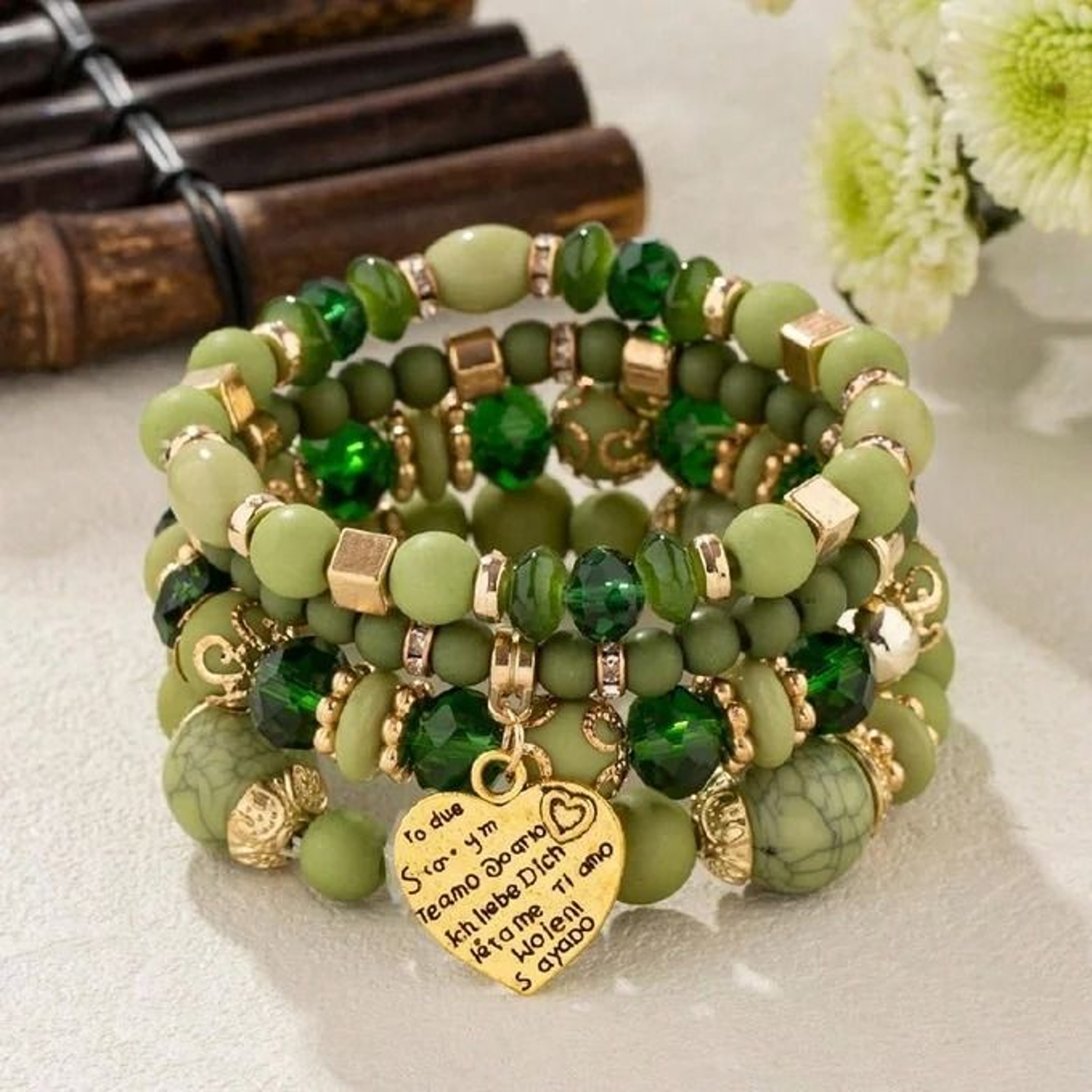 Women Boho Crystal Beads Strand Bracelet Set 4Piece Elastic Stackable Bangles 6