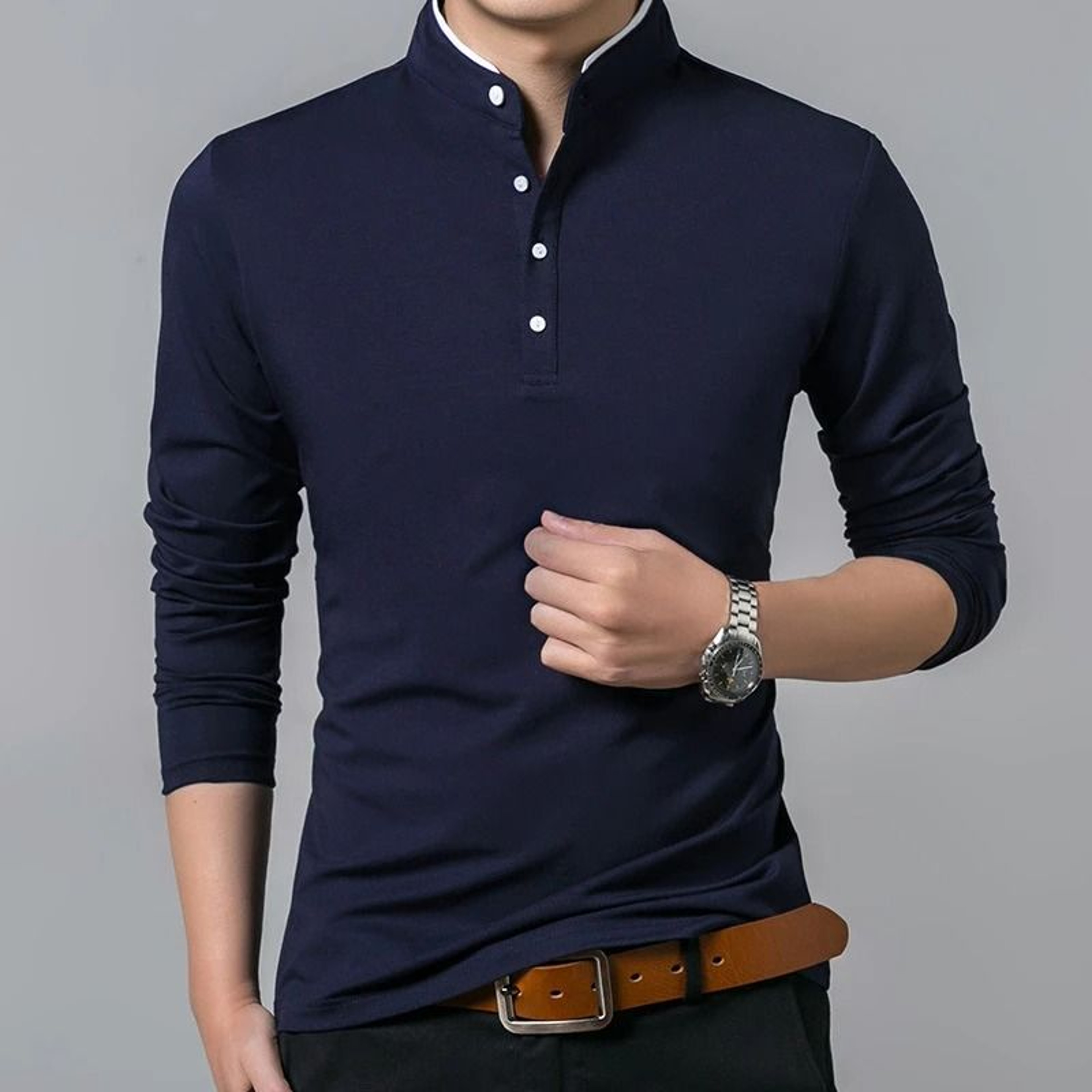 Mens Business Casual Long Sleeve Polo T Shirt Summer Comfortable Breathable Top For Formal Occasion 5