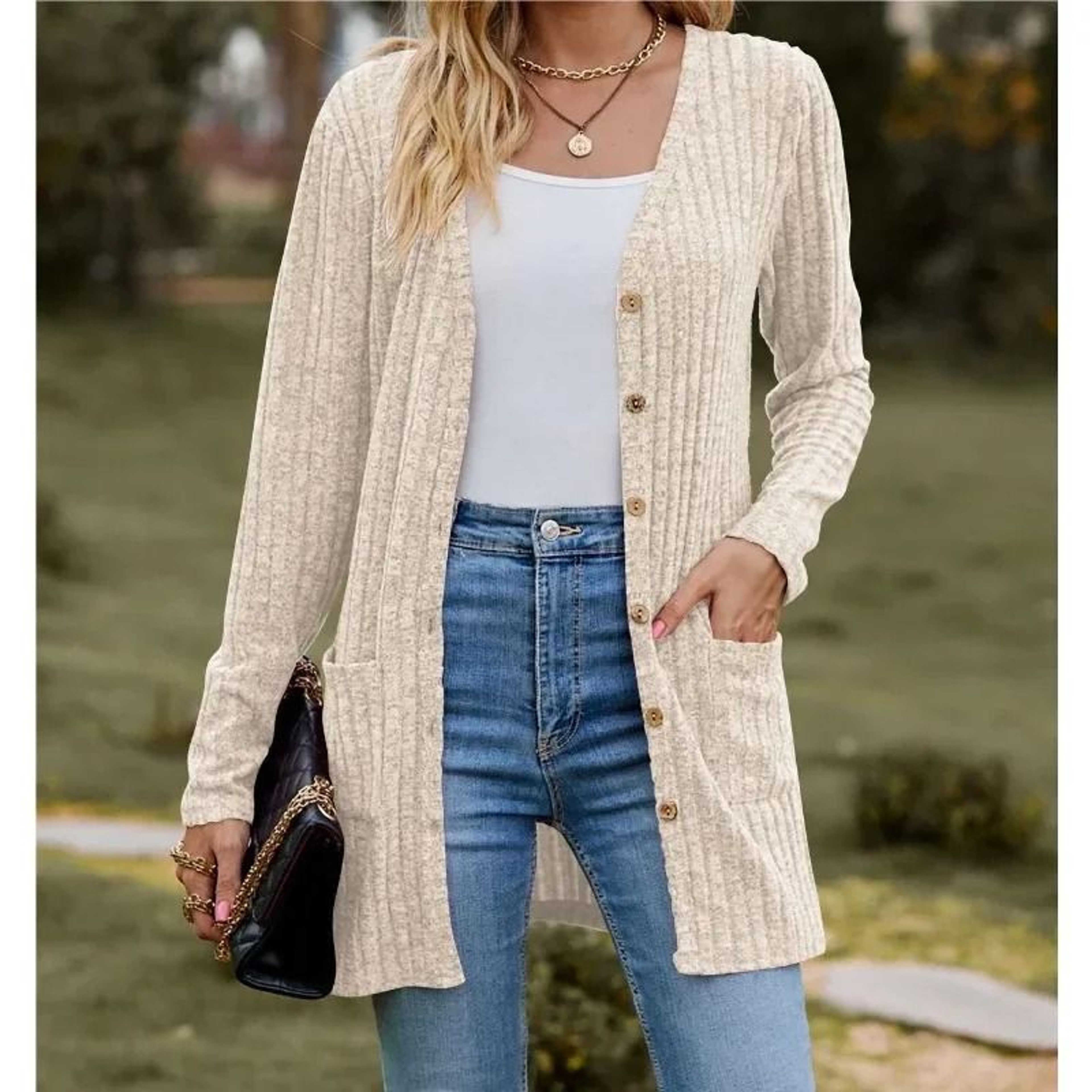 Women Long Sleeve Button V Neck Casual Cardigan Jacket 3