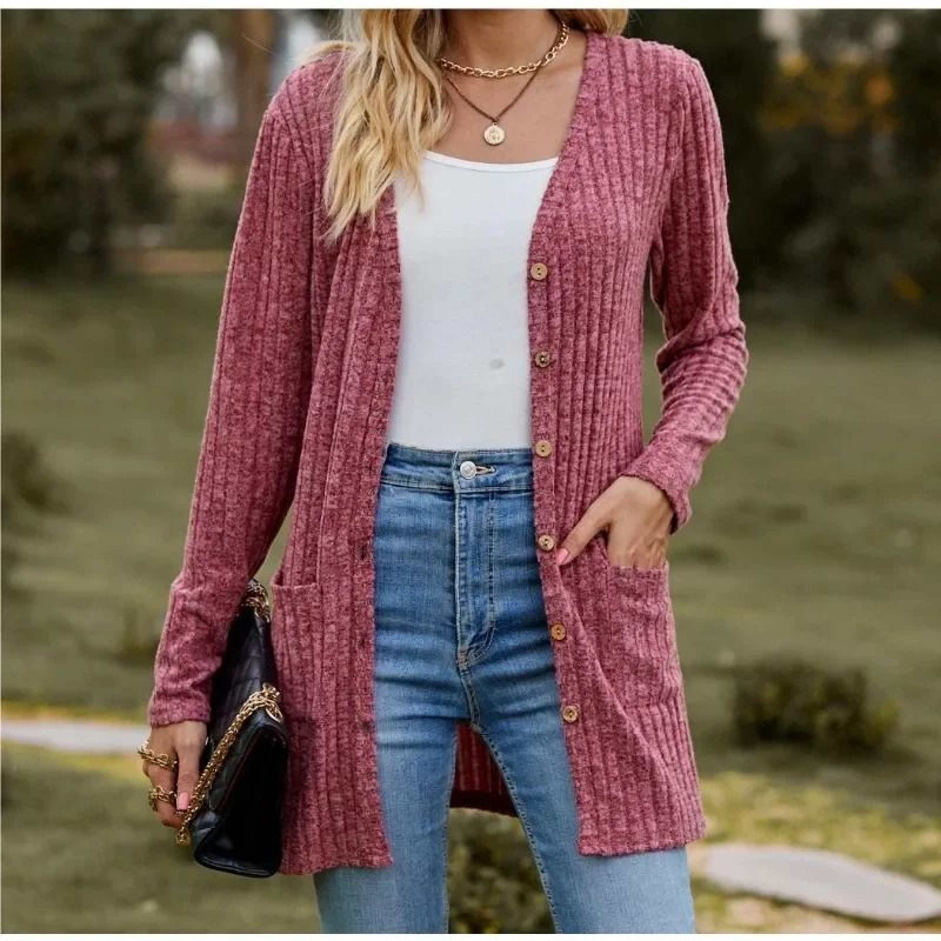 Women Long Sleeve Button V Neck Casual Cardigan Jacket 5