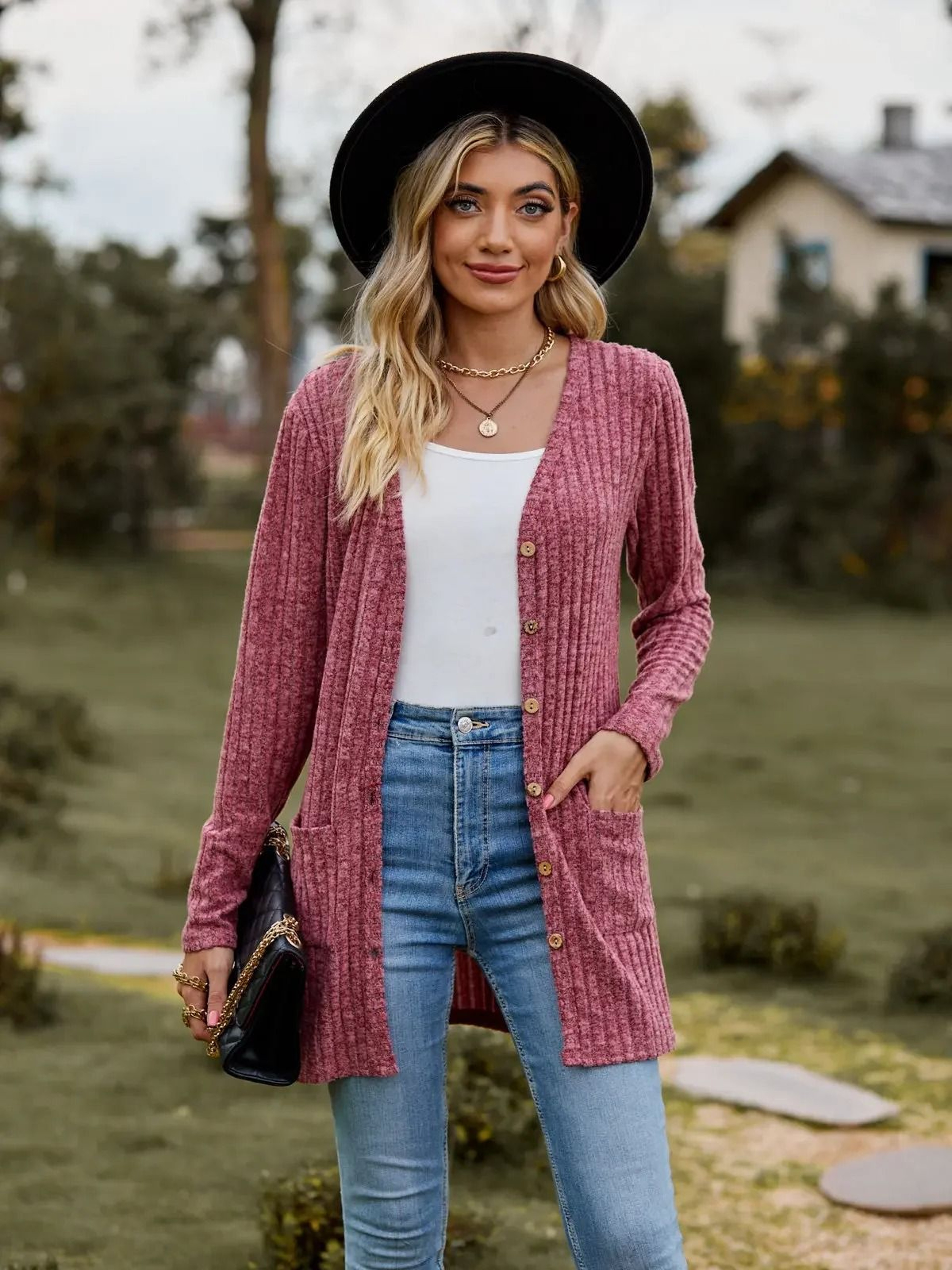 Women Long Sleeve Button V Neck Casual Cardigan Jacket 6