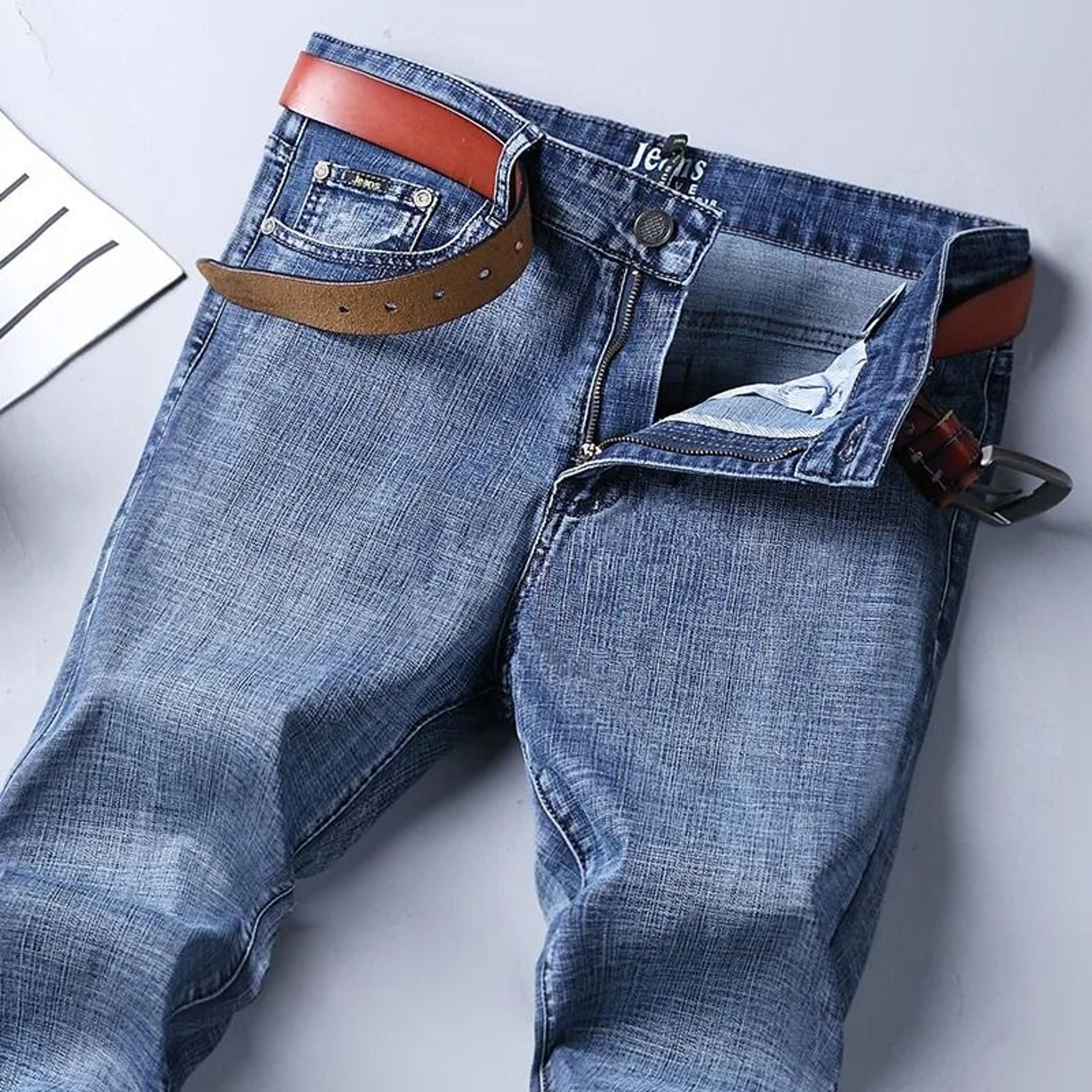 Men High Quality Business Casual Jeans Classic Straight Fit Denim Pants 1