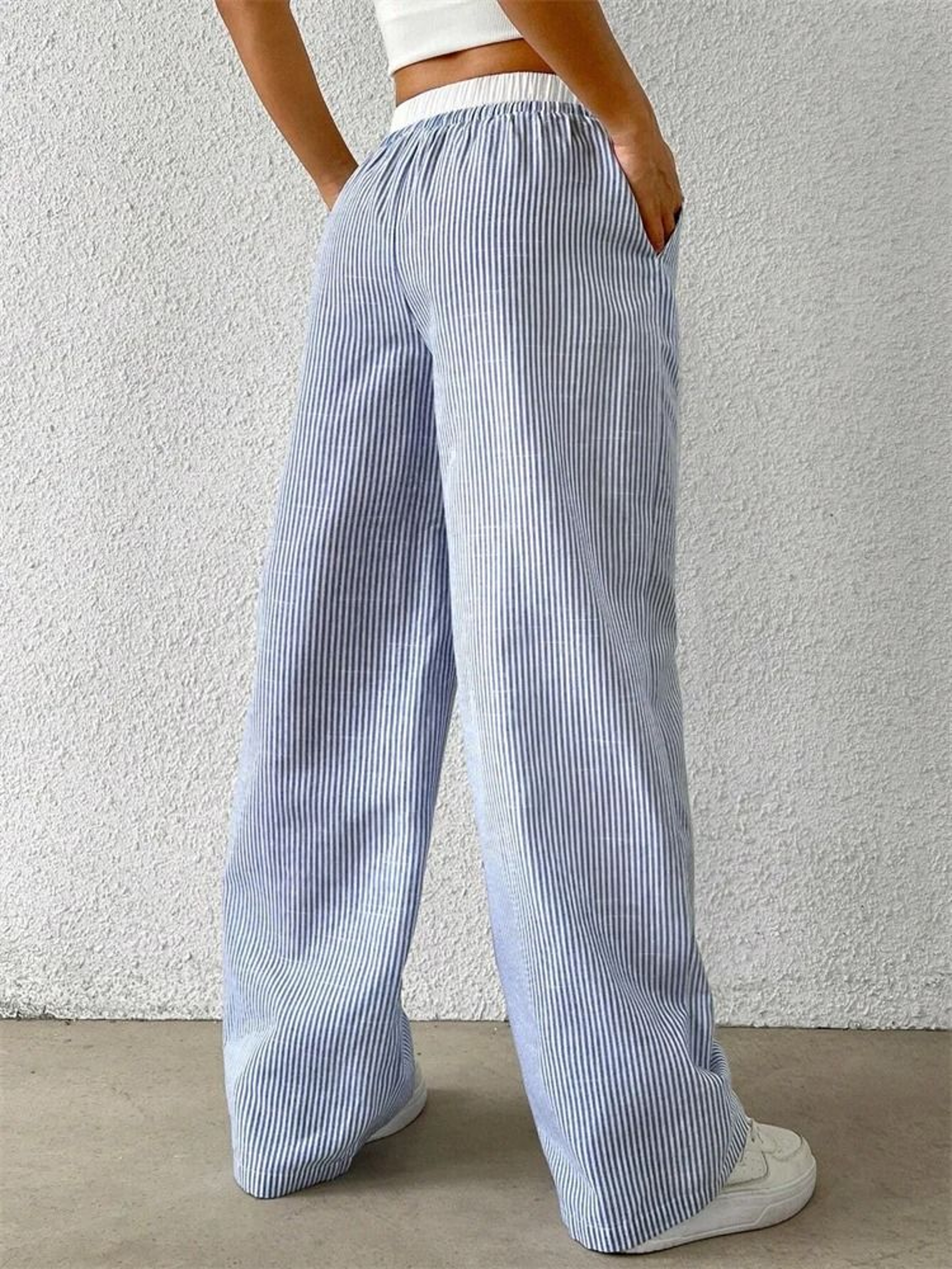 Womens Casual Striped Woven Wide Leg Pants Fall Winter 2024 Stylish Full Length Trousers 1