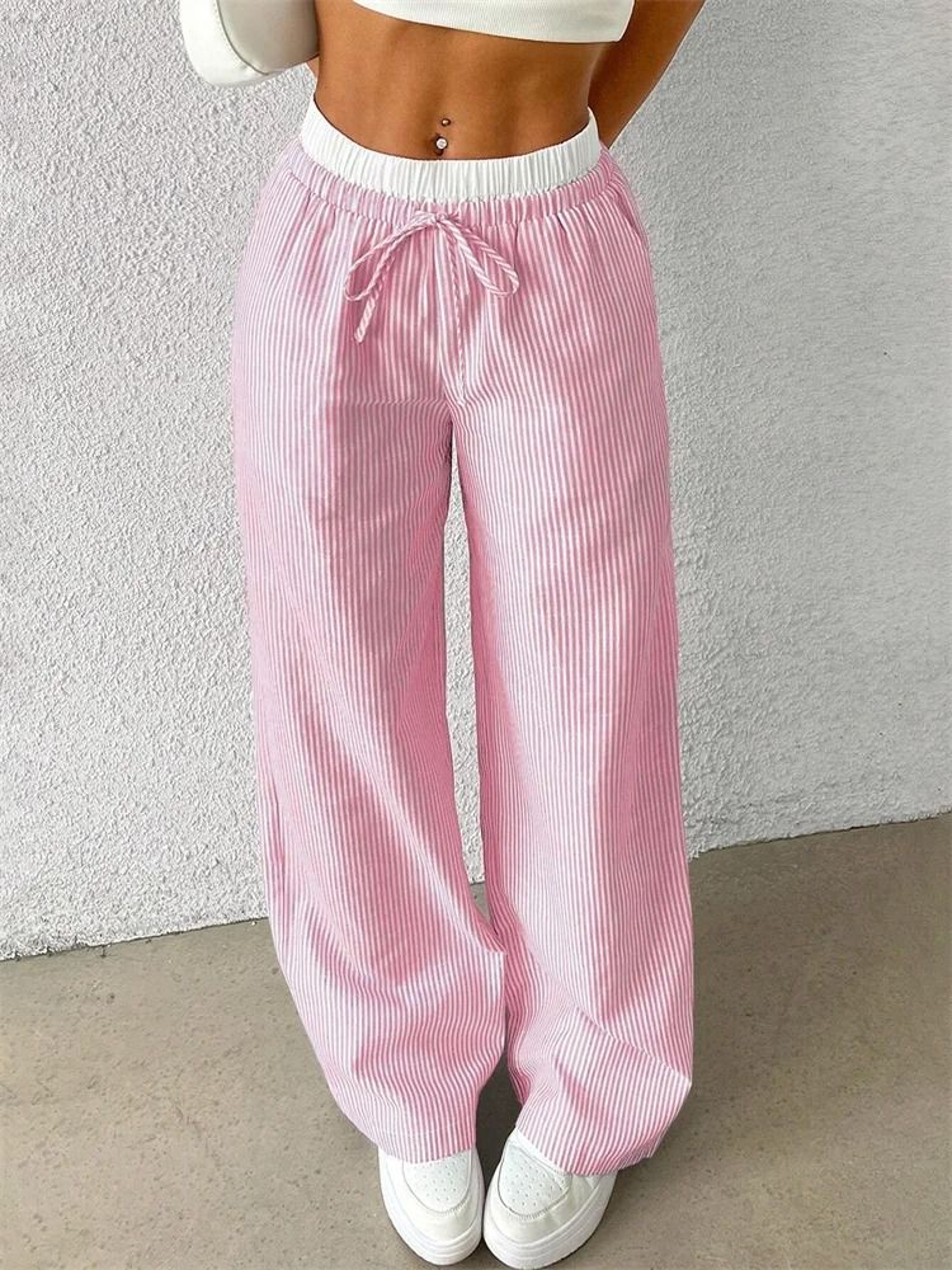 Womens Casual Striped Woven Wide Leg Pants Fall Winter 2024 Stylish Full Length Trousers 3