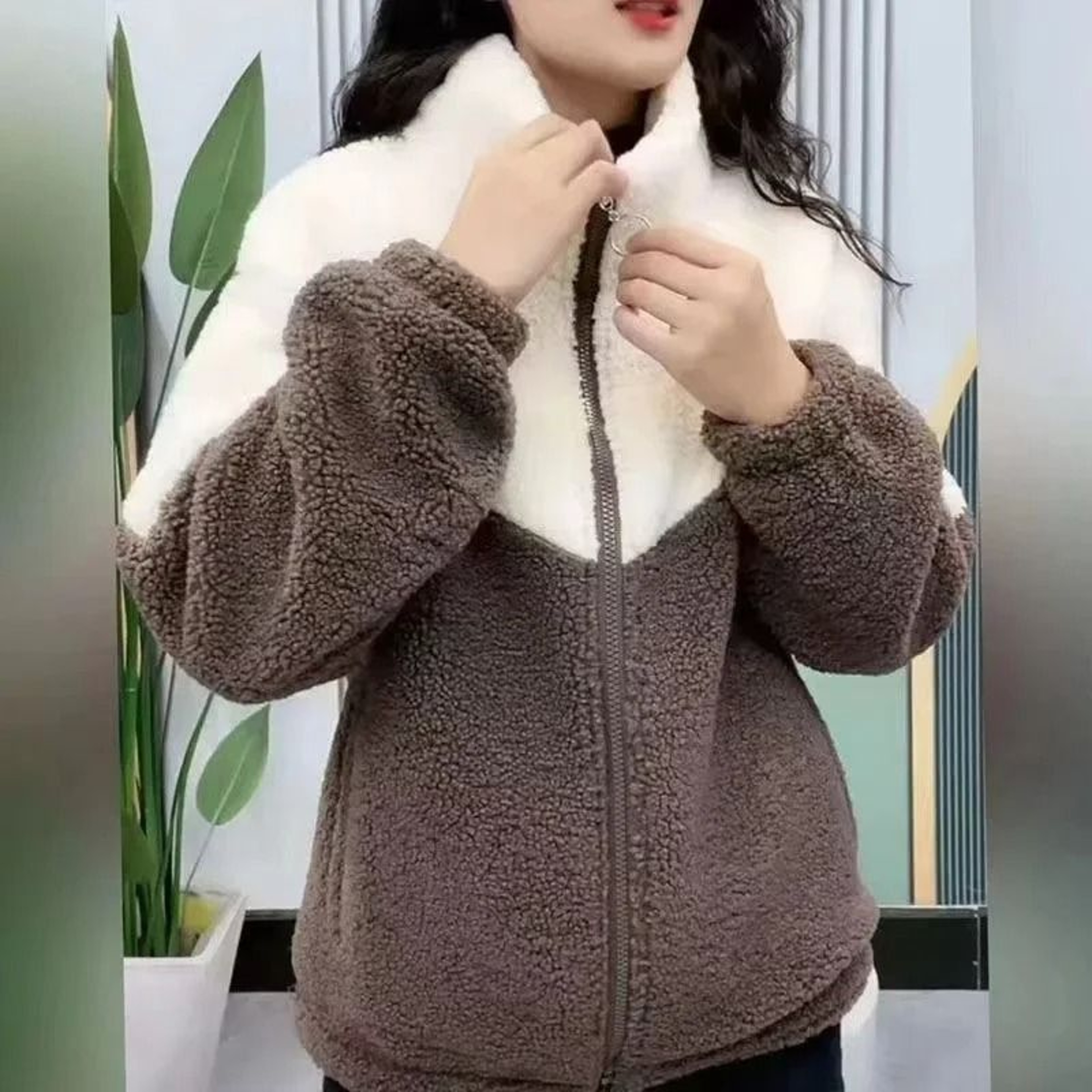 Women Colored Thickened Lamb Fleece MidLength Overcoat Warm Topcoat 3