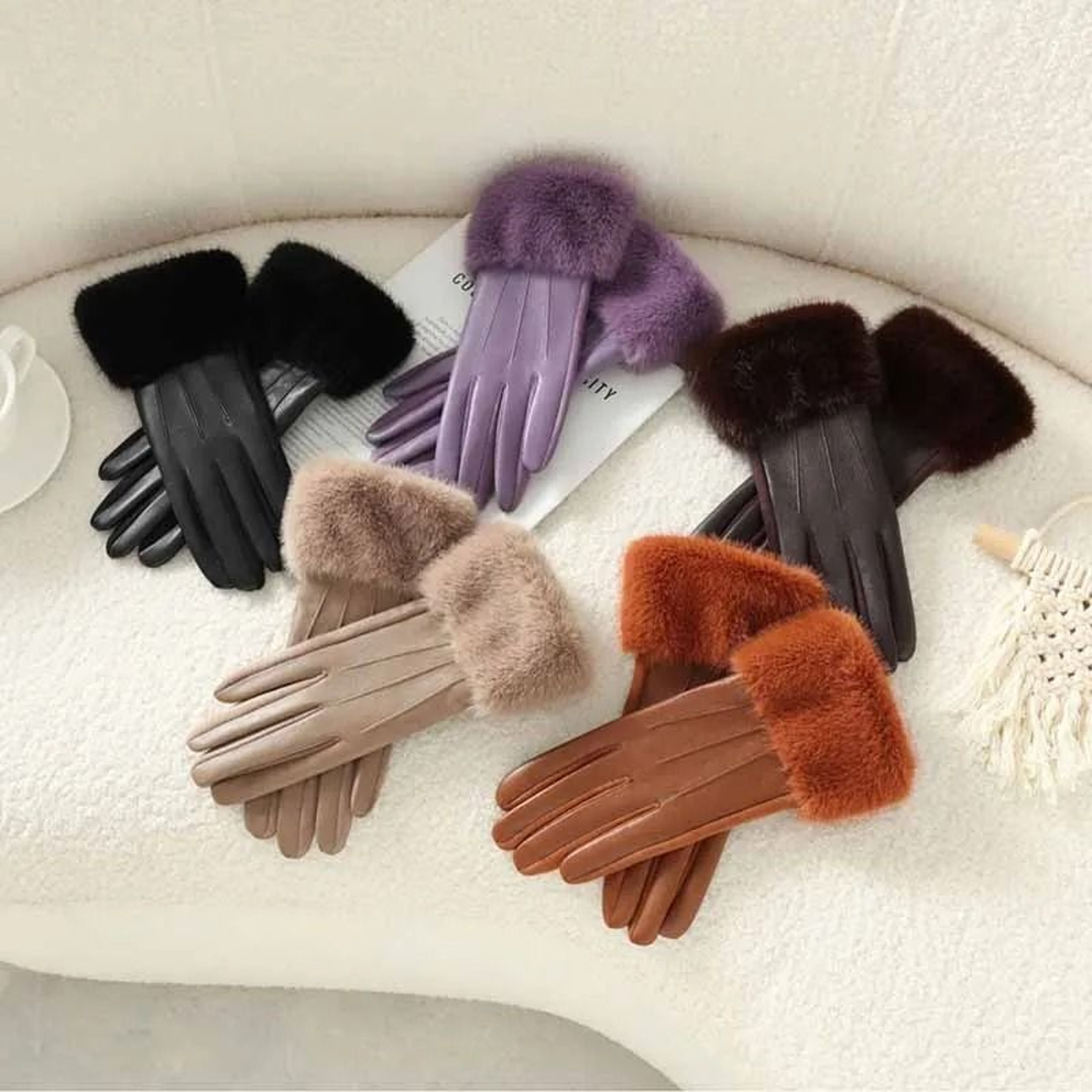 Winter Women PU Leather Gloves Faux Fur Cuff Touch Screen 1
