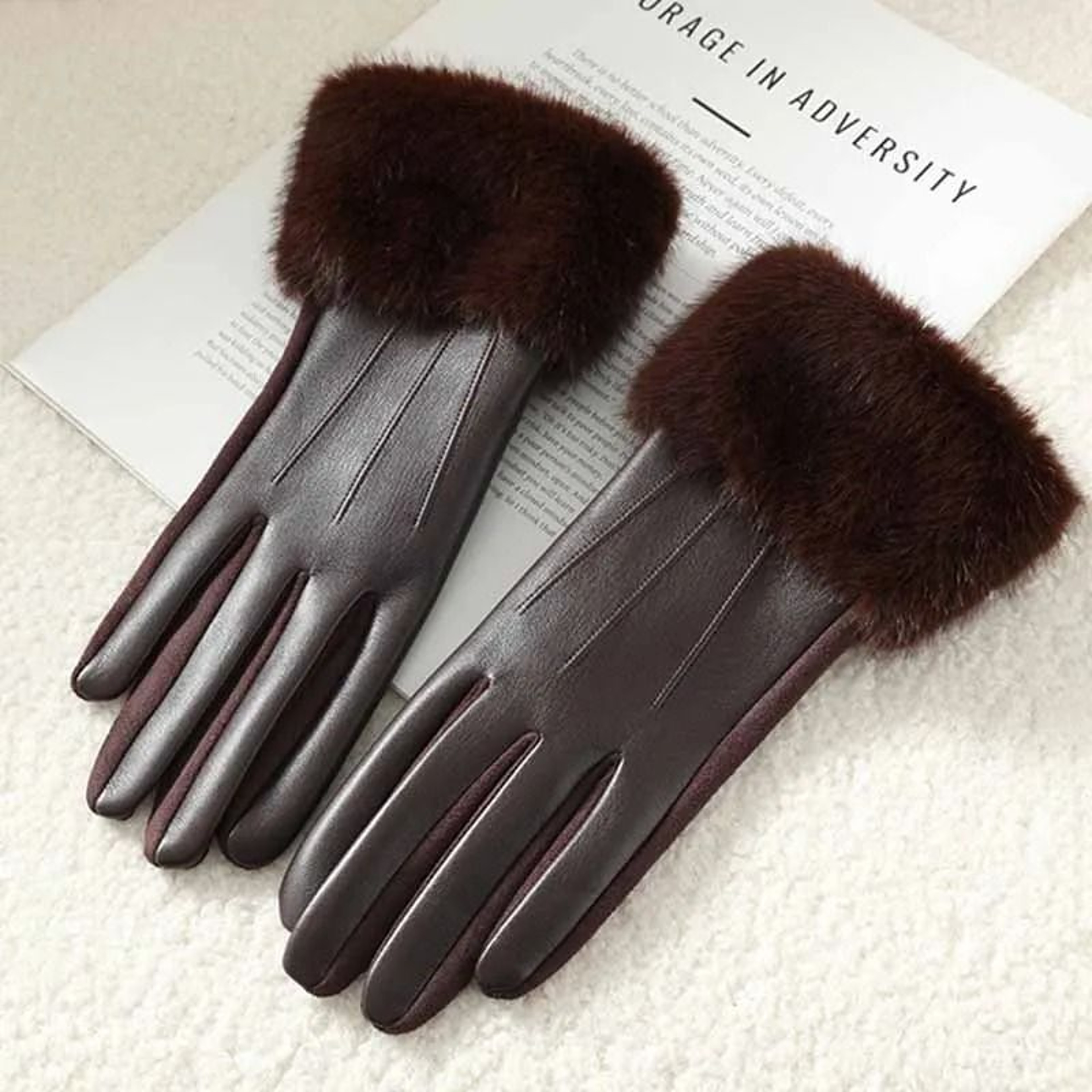 Winter Women PU Leather Gloves Faux Fur Cuff Touch Screen 7