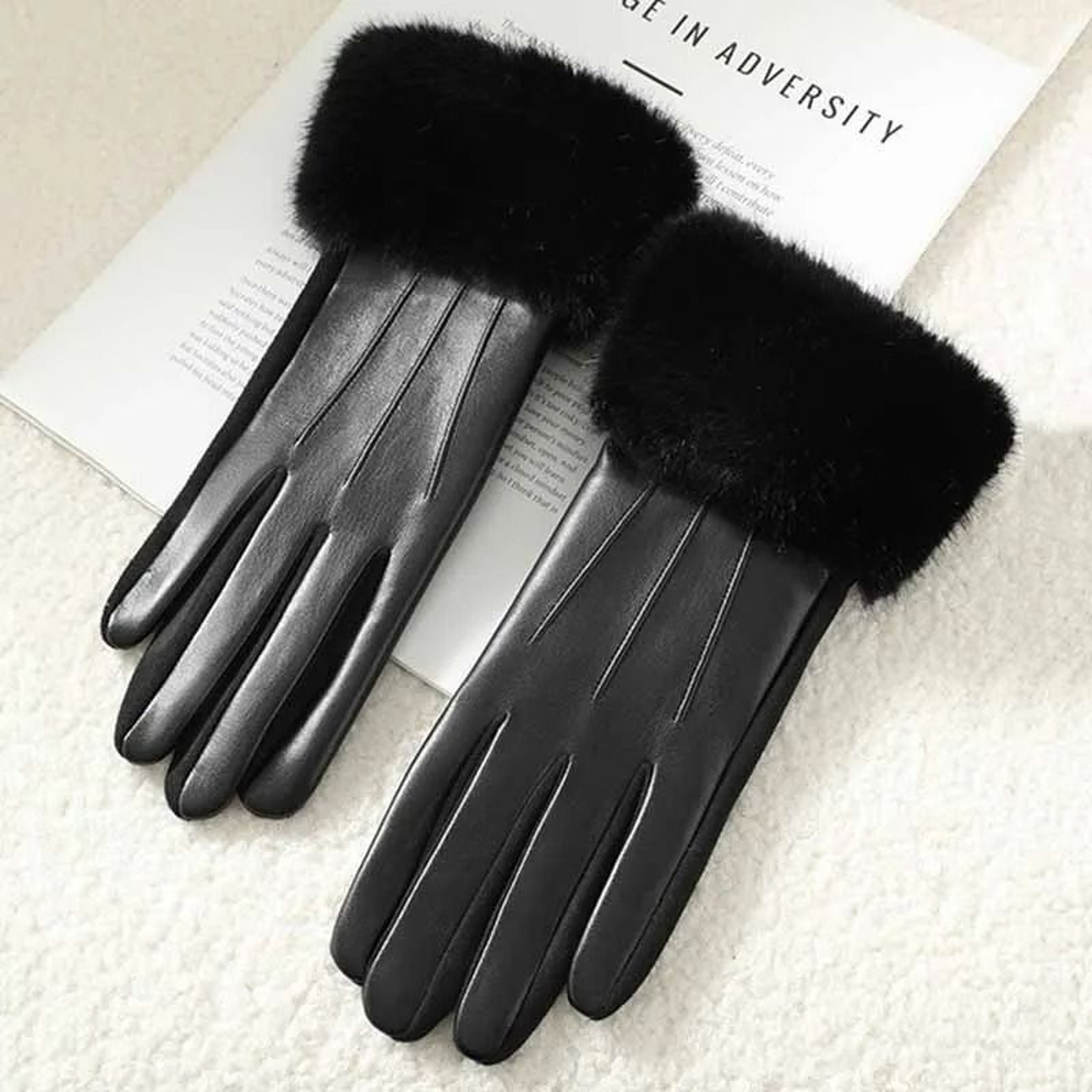 Winter Women PU Leather Gloves Faux Fur Cuff Touch Screen 8