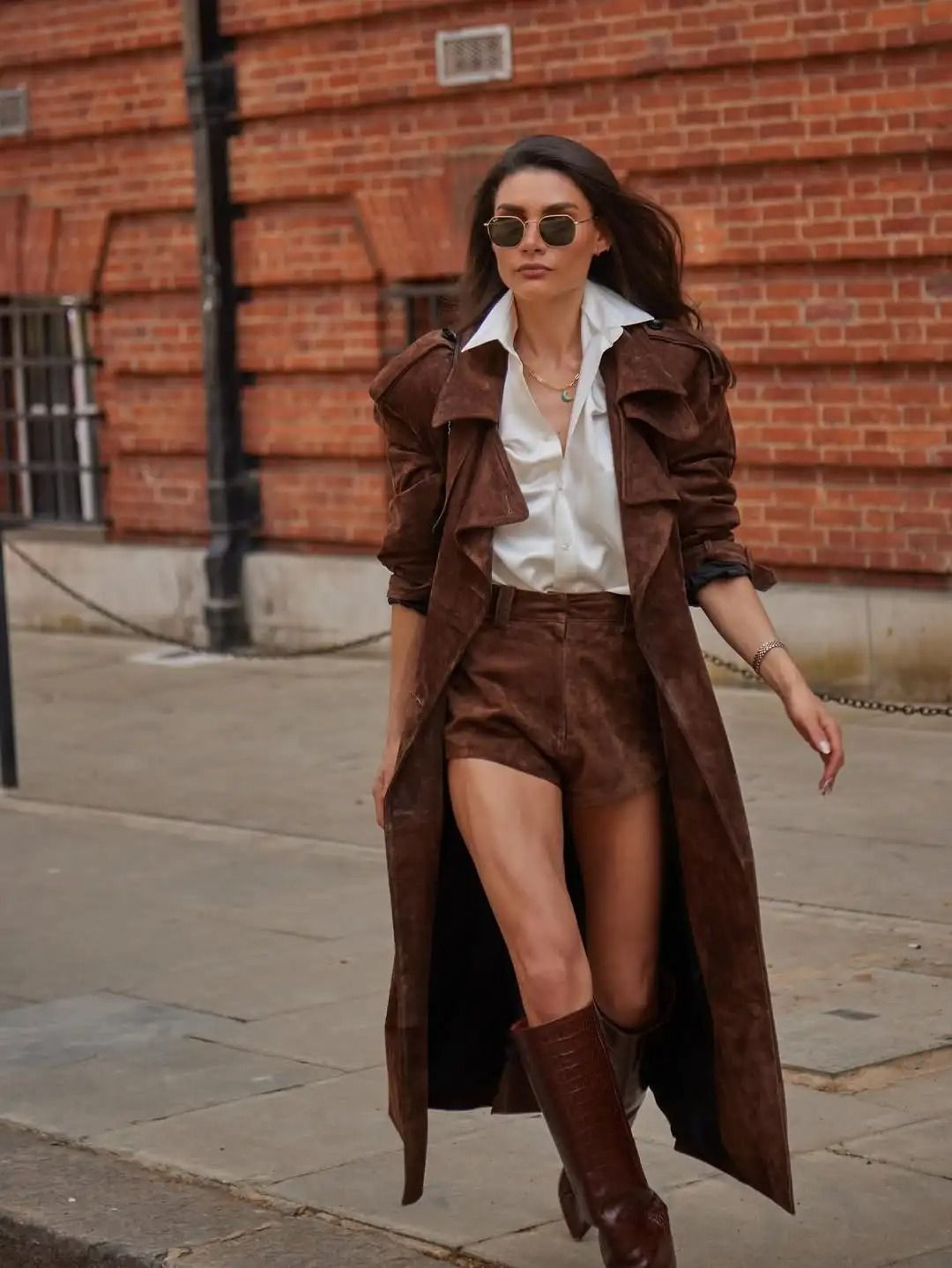 Brown Long Suede Overcoat Women Fashion Solid Lapel Single Breasted Loose Outerwear 2