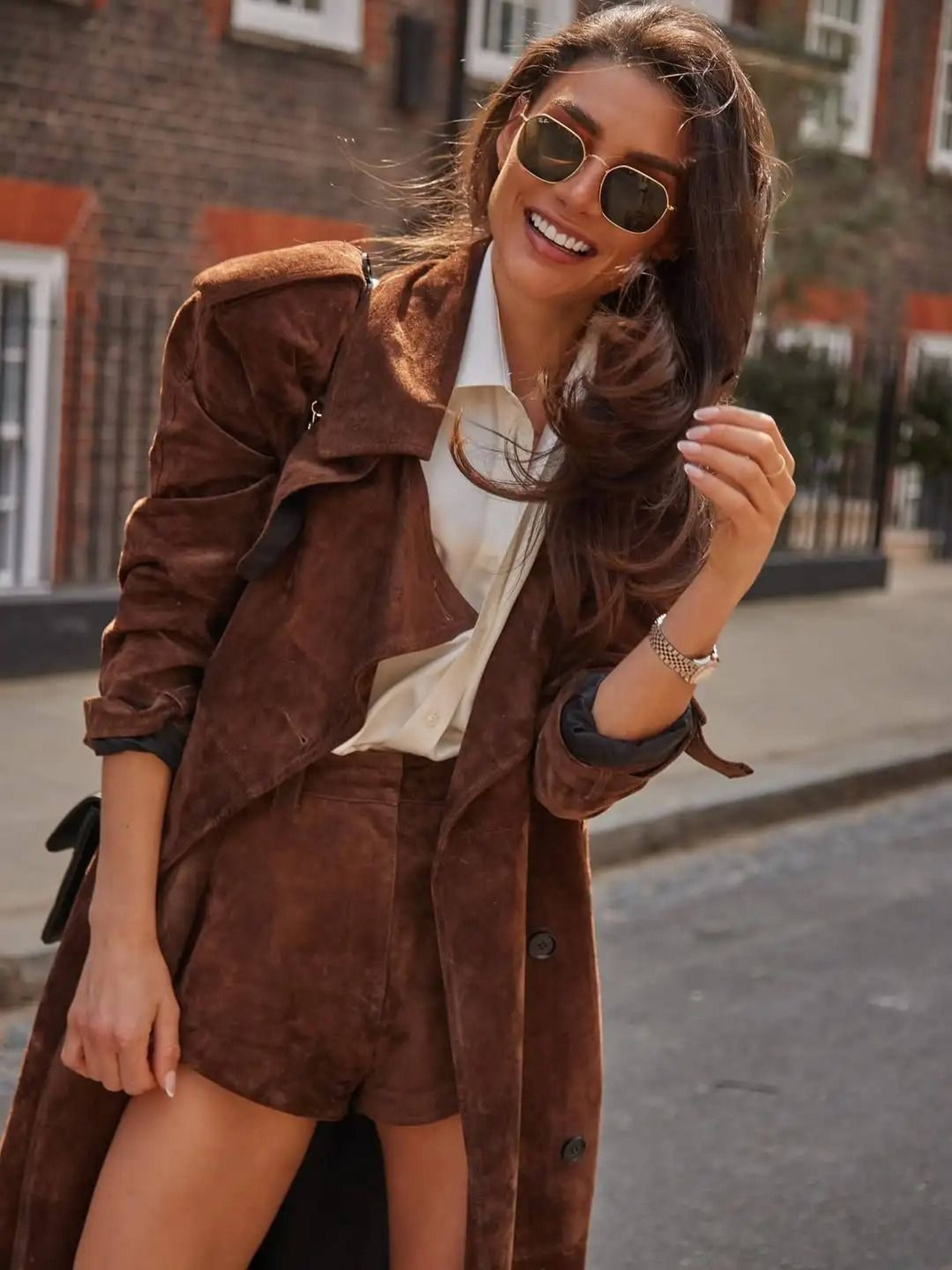 Brown Long Suede Overcoat Women Fashion Solid Lapel Single Breasted Loose Outerwear 4