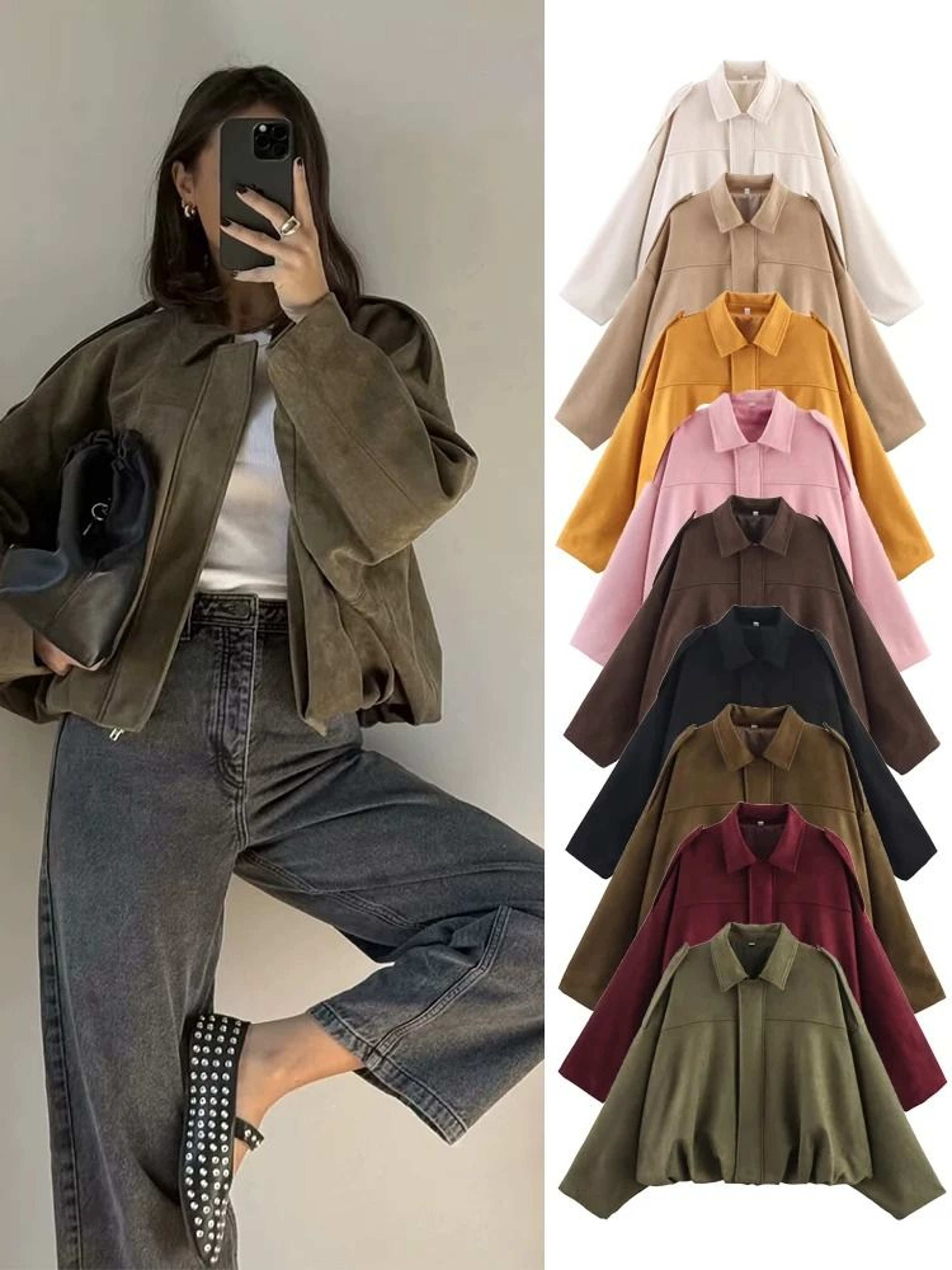 Women Suede Bomber Jacket Long Sleeve Oversize Zipper Coat Streetwear 0