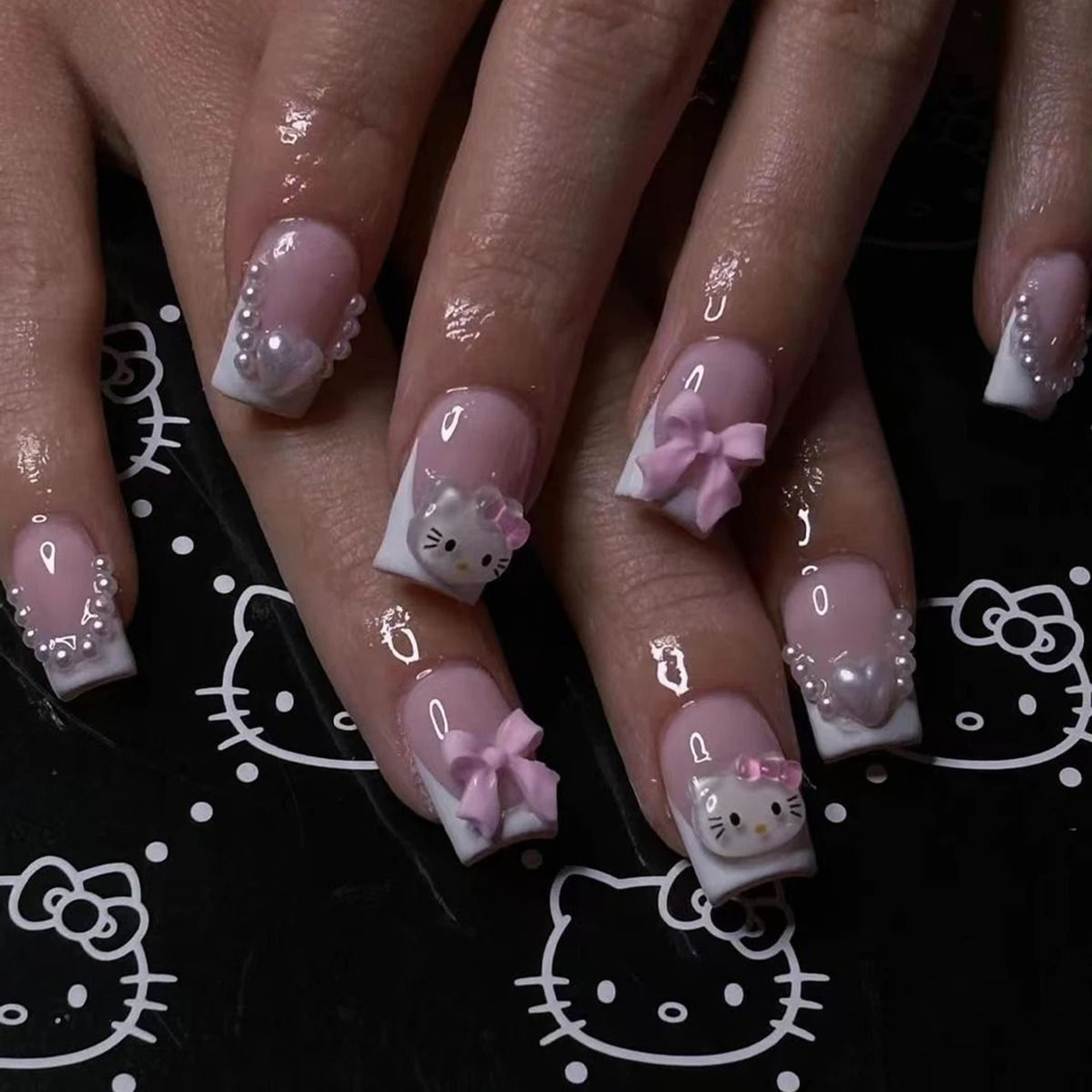 Medium Square Pink French Cartoon Cat Camellia PressOn Nail Set 7