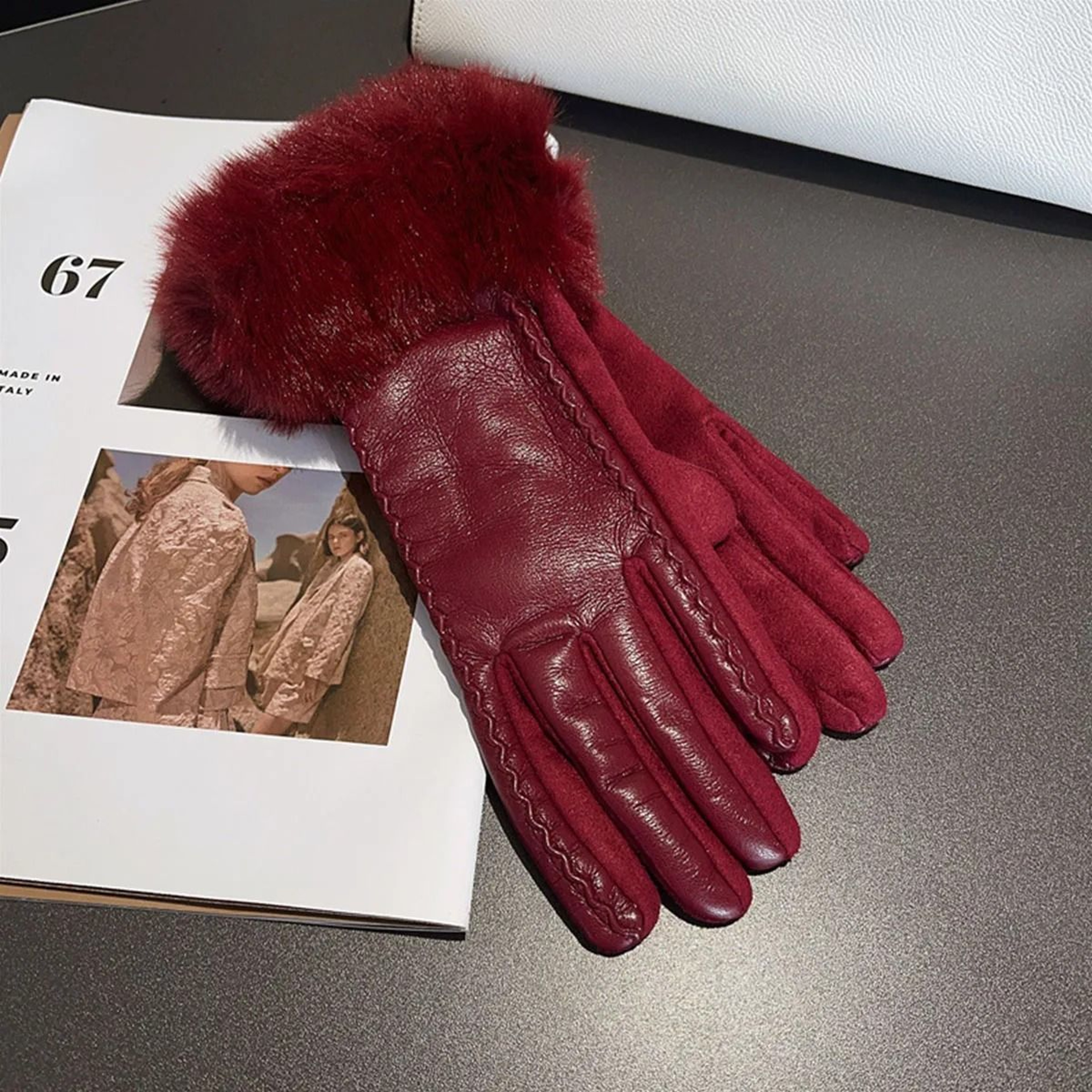 Women PU Leather Gloves For Cold Weather With Faux Fur Trim 2
