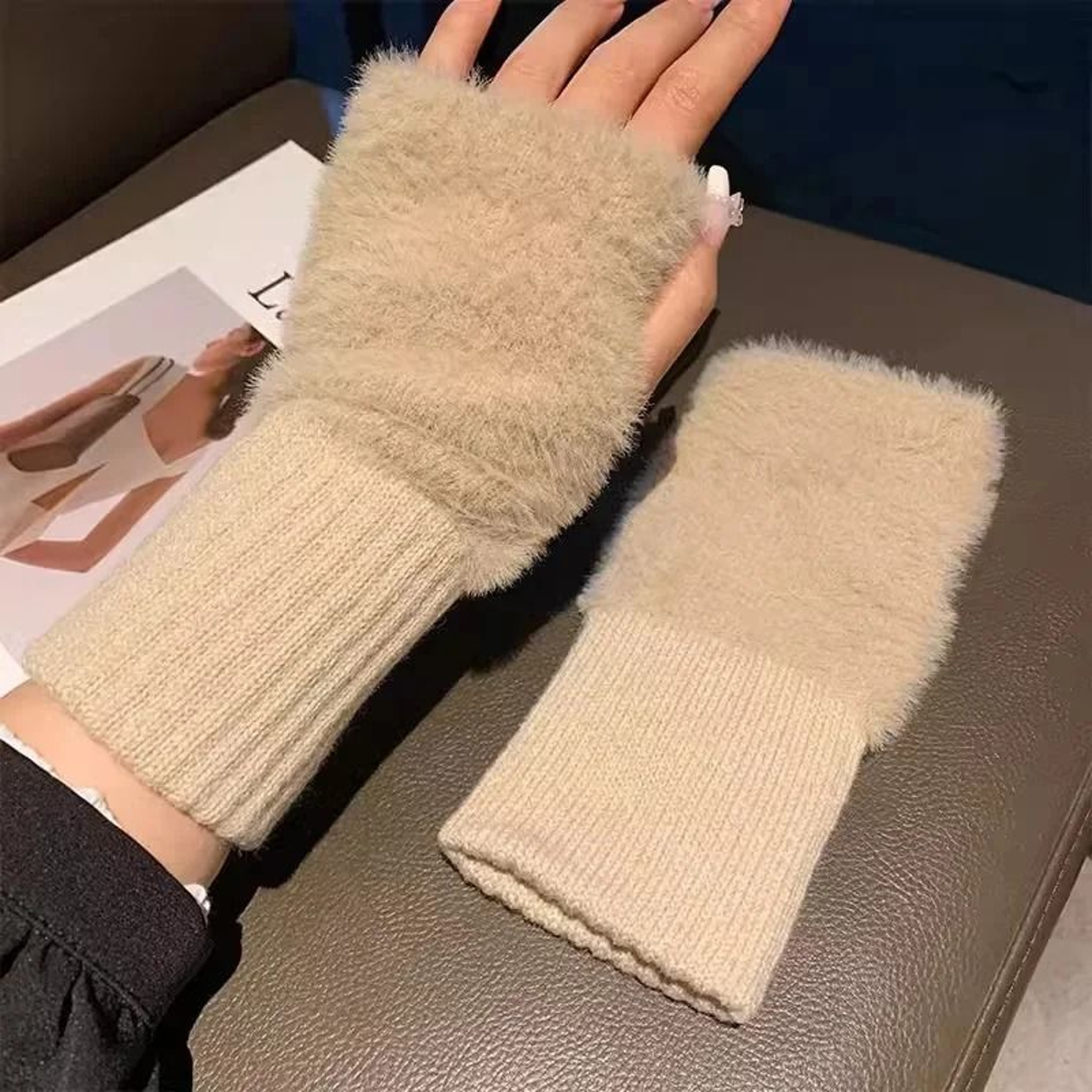 Winter Half Finger Gloves For Women Plush Knitted Fingerless Wrist Warmers 4